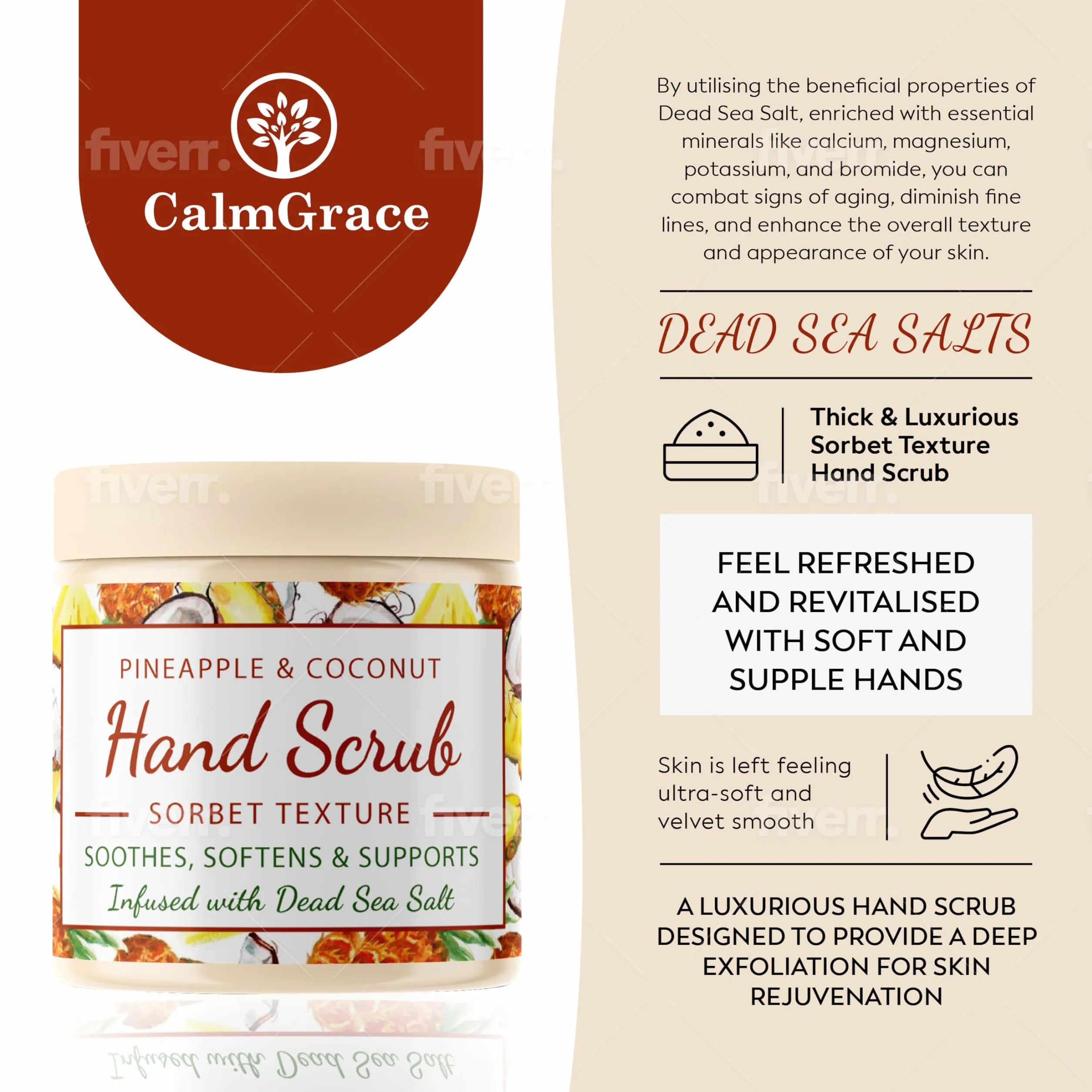 CalmGrace Scrub esfoliante per le mani con sali del Mar Morto e profumo di ananas e cocco, esfoliante per le mani, texture sorbetto, 300 g, arricchito con olio di avocado e vitamina E, C