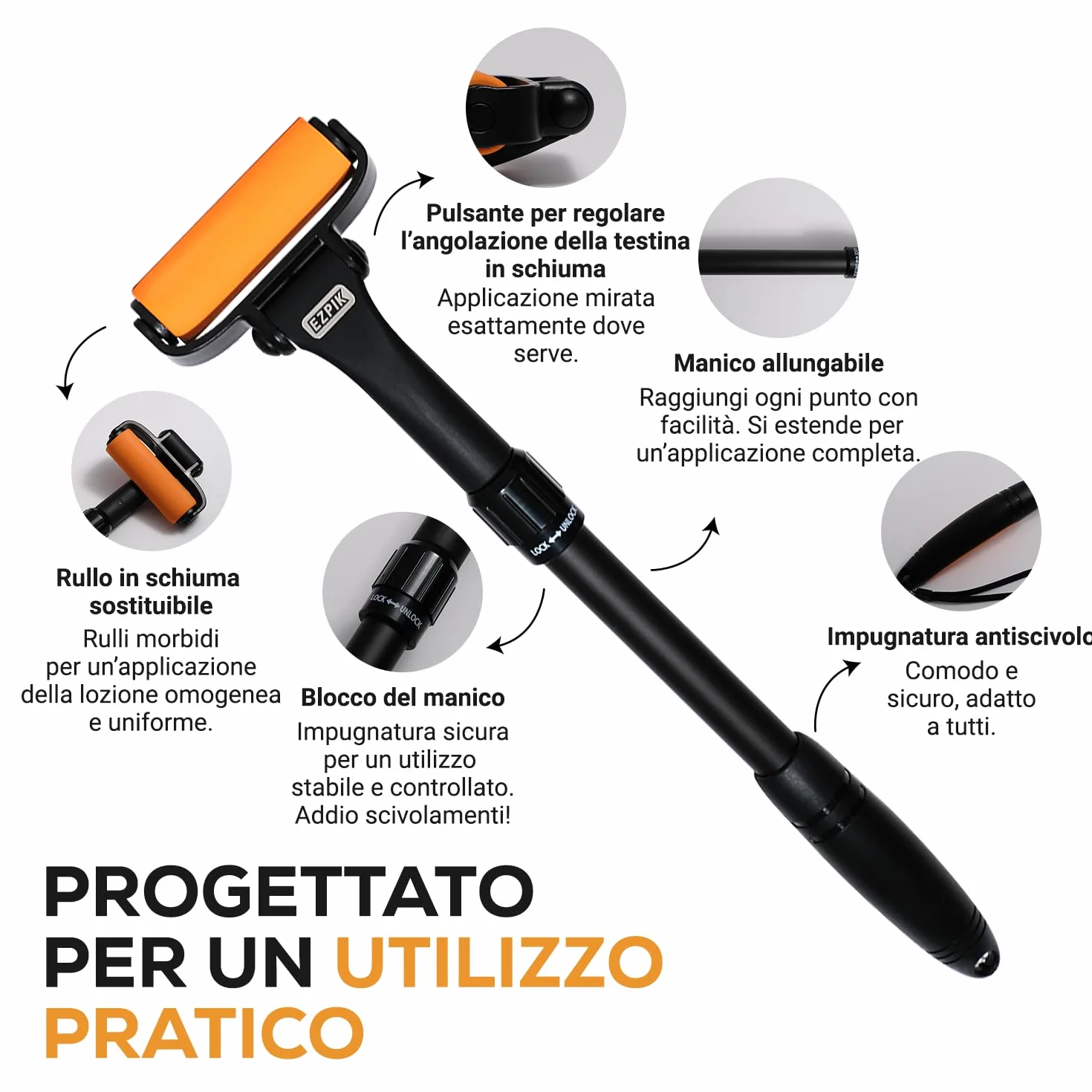 EZPIK Applicatore crema schiena estensibile 58 cm design curvo per anziani mobilità ridotta