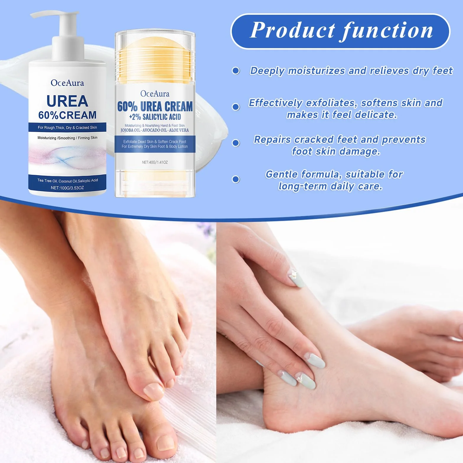 Crema Piedi Urea 60%,Crema Urea,100g panna Idratante +40g Foot panna Stick,Un'idratazione Profonda,per la Riparazione di e Mani,lozione per Piedi per Pelle Secca,Screpolata