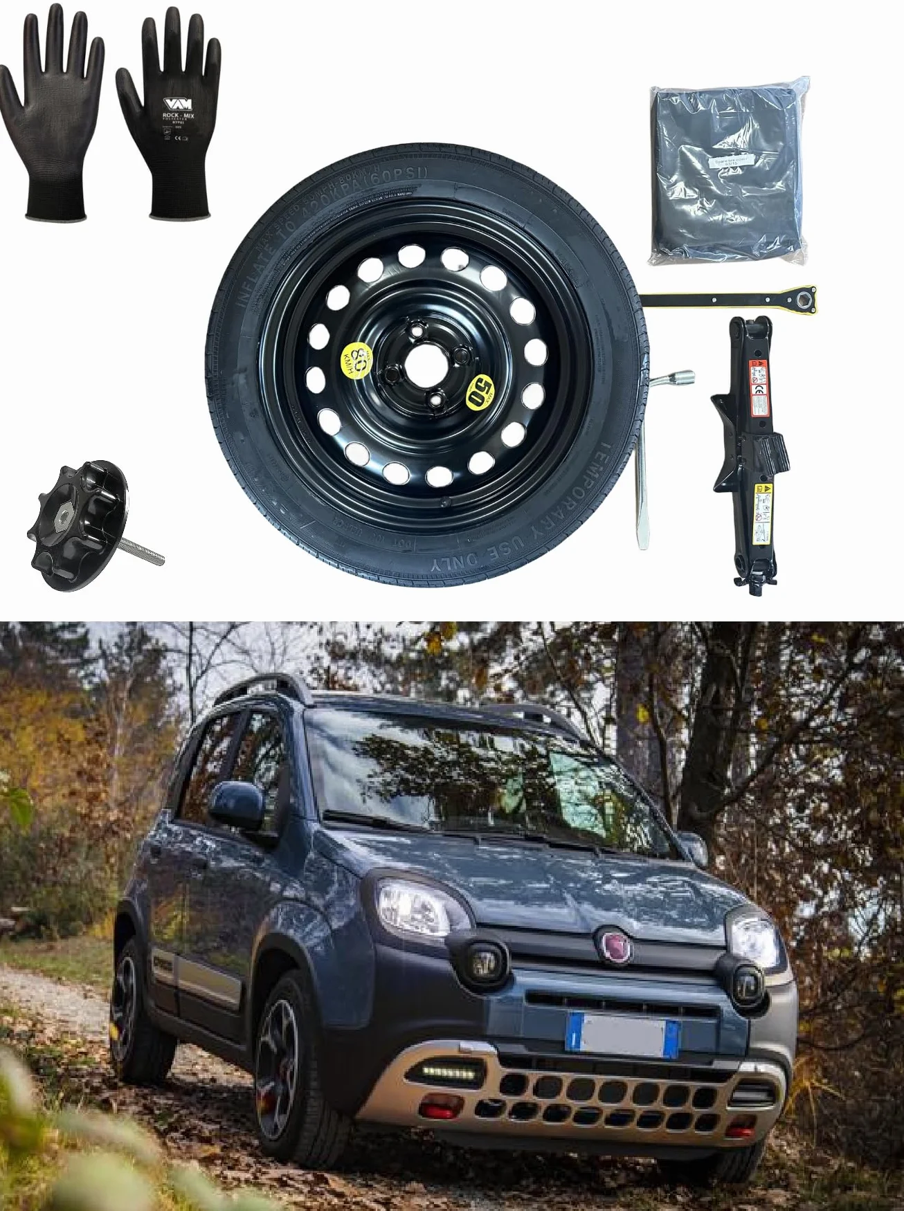 Kit Ruotino di Scorta 15" compatibile Fiat Panda/Panda Cross con Cric e Chiave