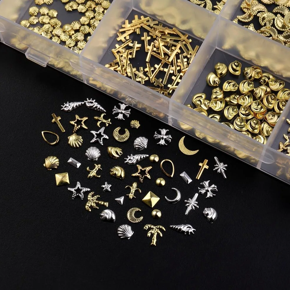 1 scatola oro argento ciondoli per unghie 3D in lega fiore gemme per unghie in metallo luna stella gioielli per unghie multi-forme oceano spiaggia stella marina conchiglia forniture per nail art con