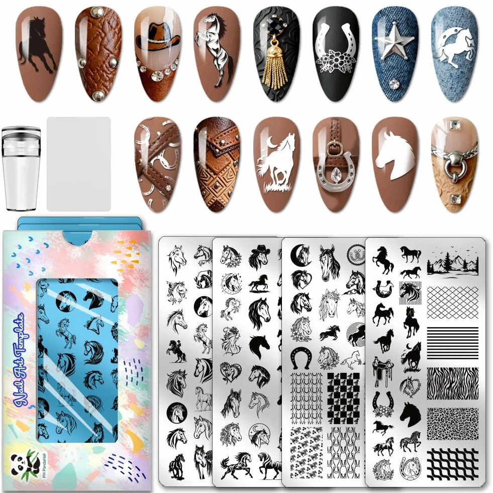 PH PandaHall 4 piastre per stampaggio unghie cavallo corsa modello nail art animali unghie arti stencil ferri di cavallo manicure design timbro unghie piastre immagine per donne manicure fai da te