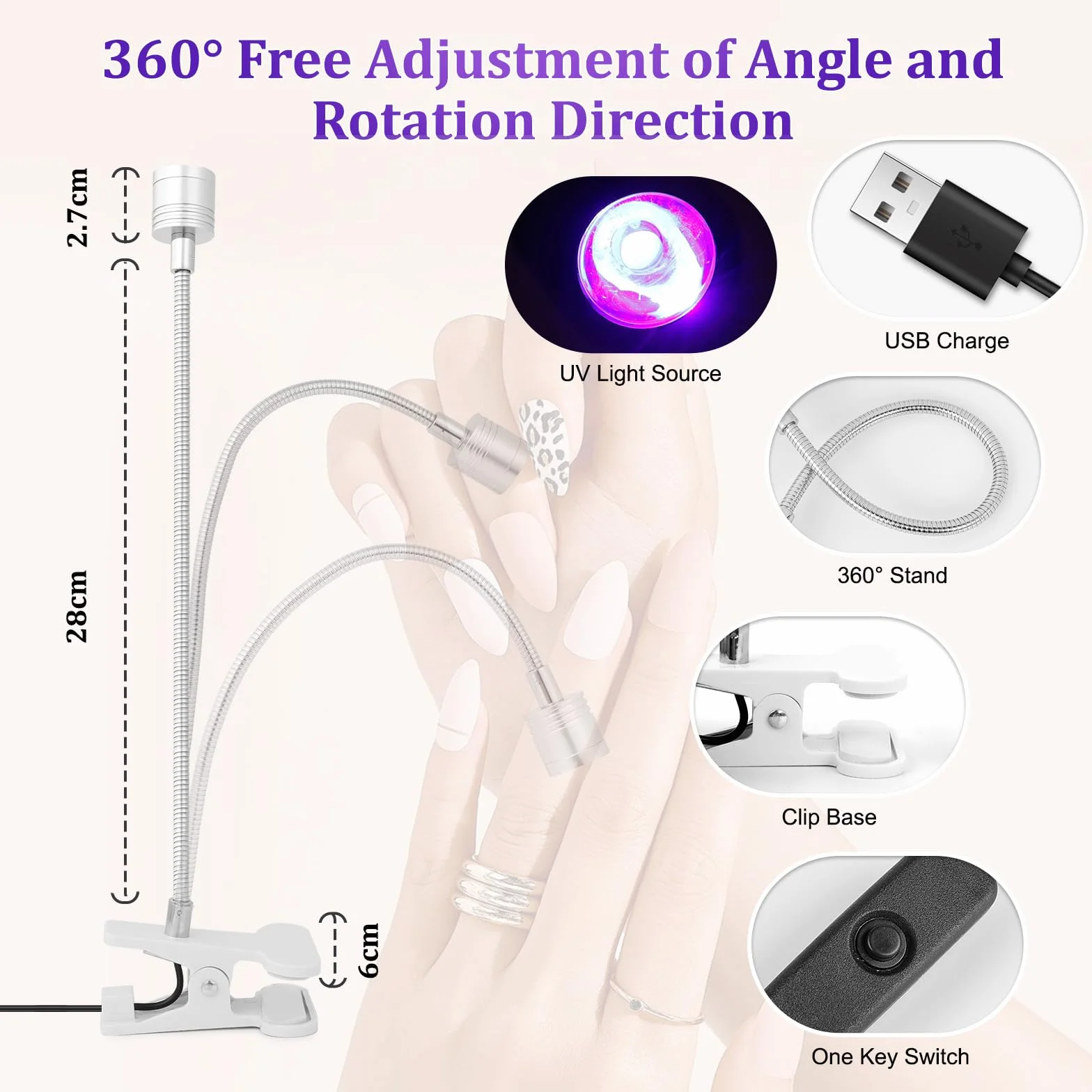 Lampada UV LED Unghie 3W Regolabile Portatile con Clip USB Argento