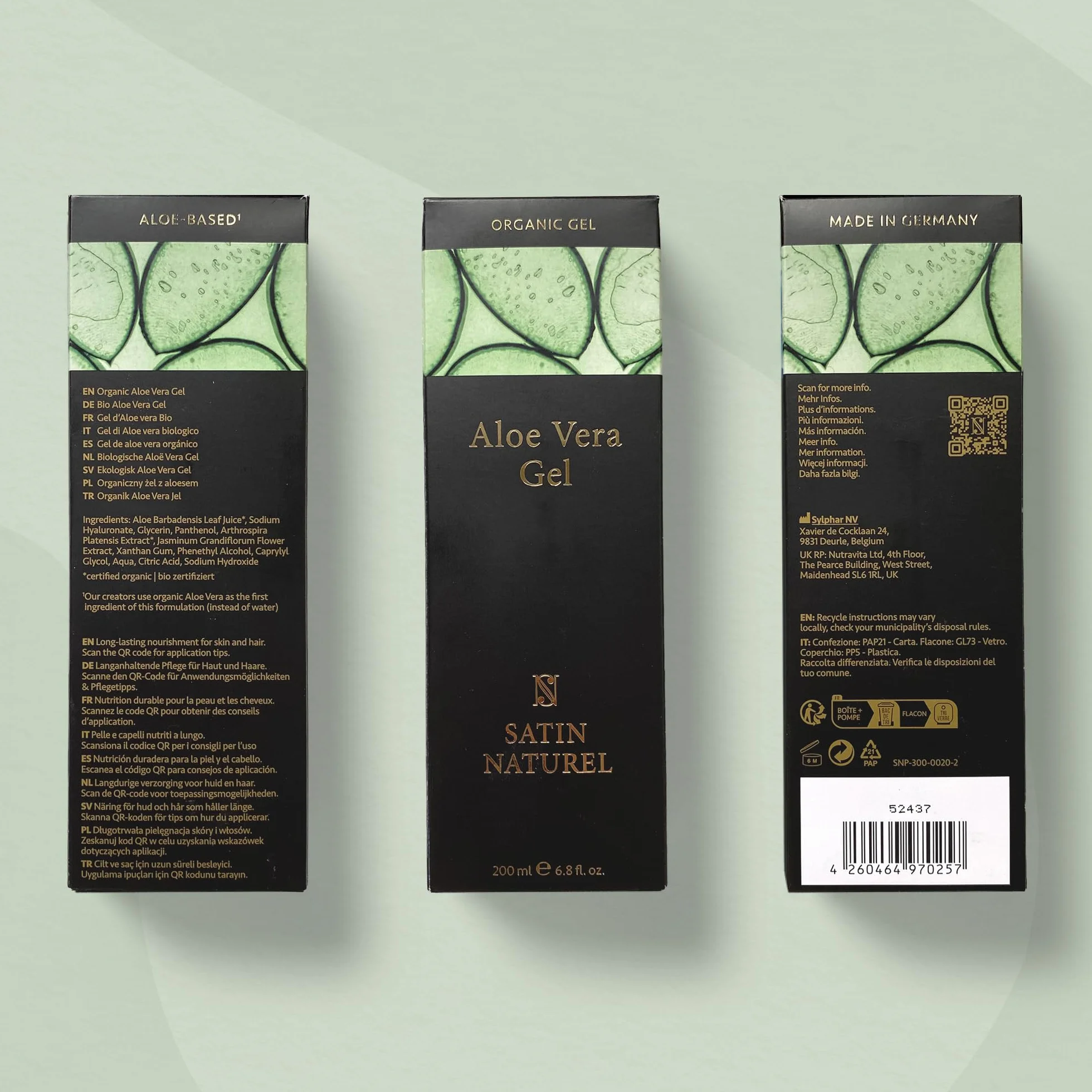 Satin Naturel Gel Aloe Vera Bio 200 ml – 100% Vegano & Cosmetica Naturale – Gel di Aloe Vera Concentrato – Con Acido Ialuronico & Pantenolo – After Sun per Viso, Corpo e Capelli