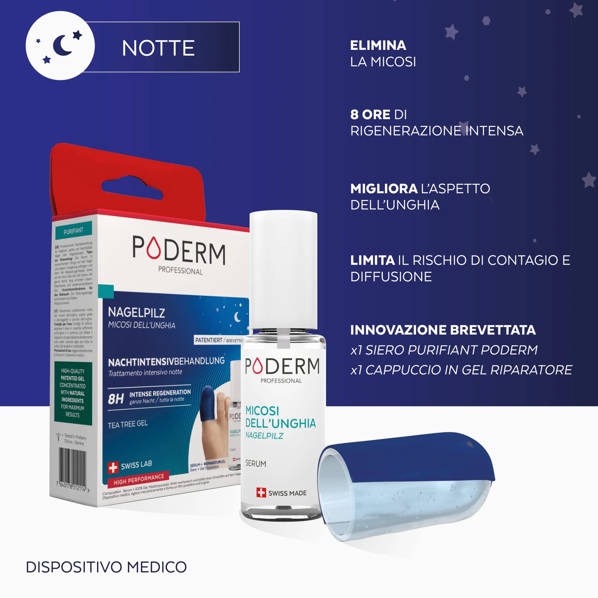 PODERM – MICOSI UNGHIE PIEDE TRATTAMENTO INTENSIVO NOTTE 2 in 1 – Elimina la micosi e rinnova l'unghia durante il sonno | VEGAN | Trattamento professionale piedi/mani | Facile e rapido | SWISS MADE