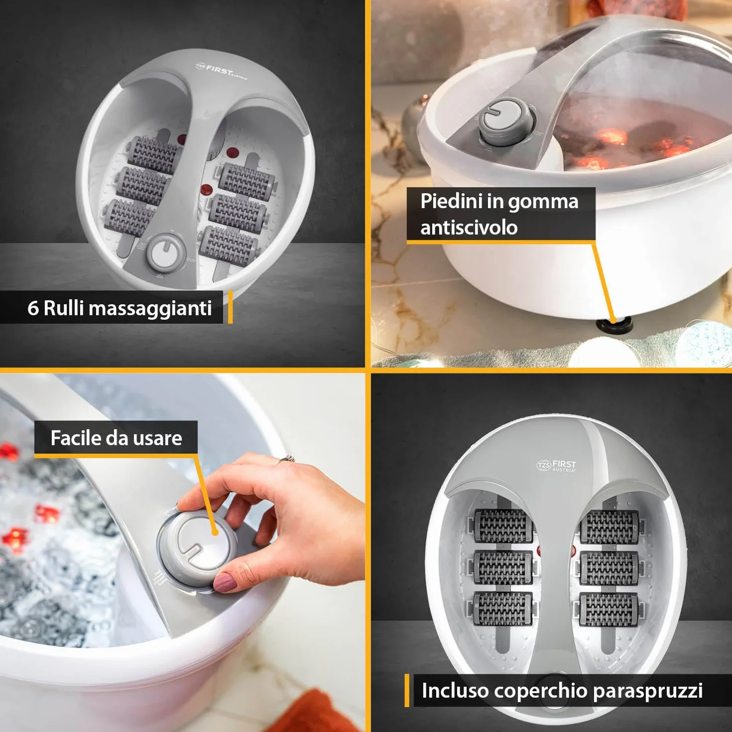 TZS First Austria - Pediluvio Massaggiatore - 450W - 3 Impostazioni & 6 Rulli Massaggianti - Idromassaggio Plantare Elettrico con Riscaldamento - Maniglia & Box Aroma
