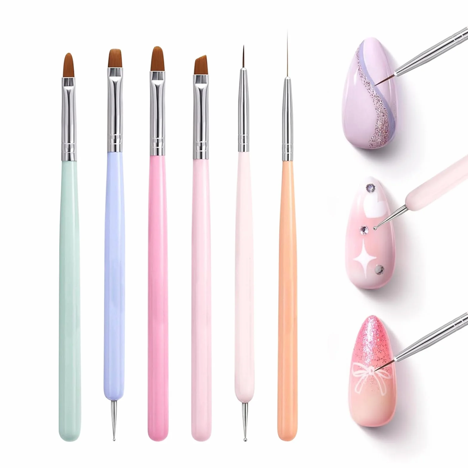 Set Di Pennelli Per Nail Arts, 6 Pezzi Pennelli Unghie Gel Per Design Su Unghie, Strumenti Penne Nail Arts, Set Di Strumenti Manicure A Doppia Testa, Pennellis French Liner Unghies, Per Disegno