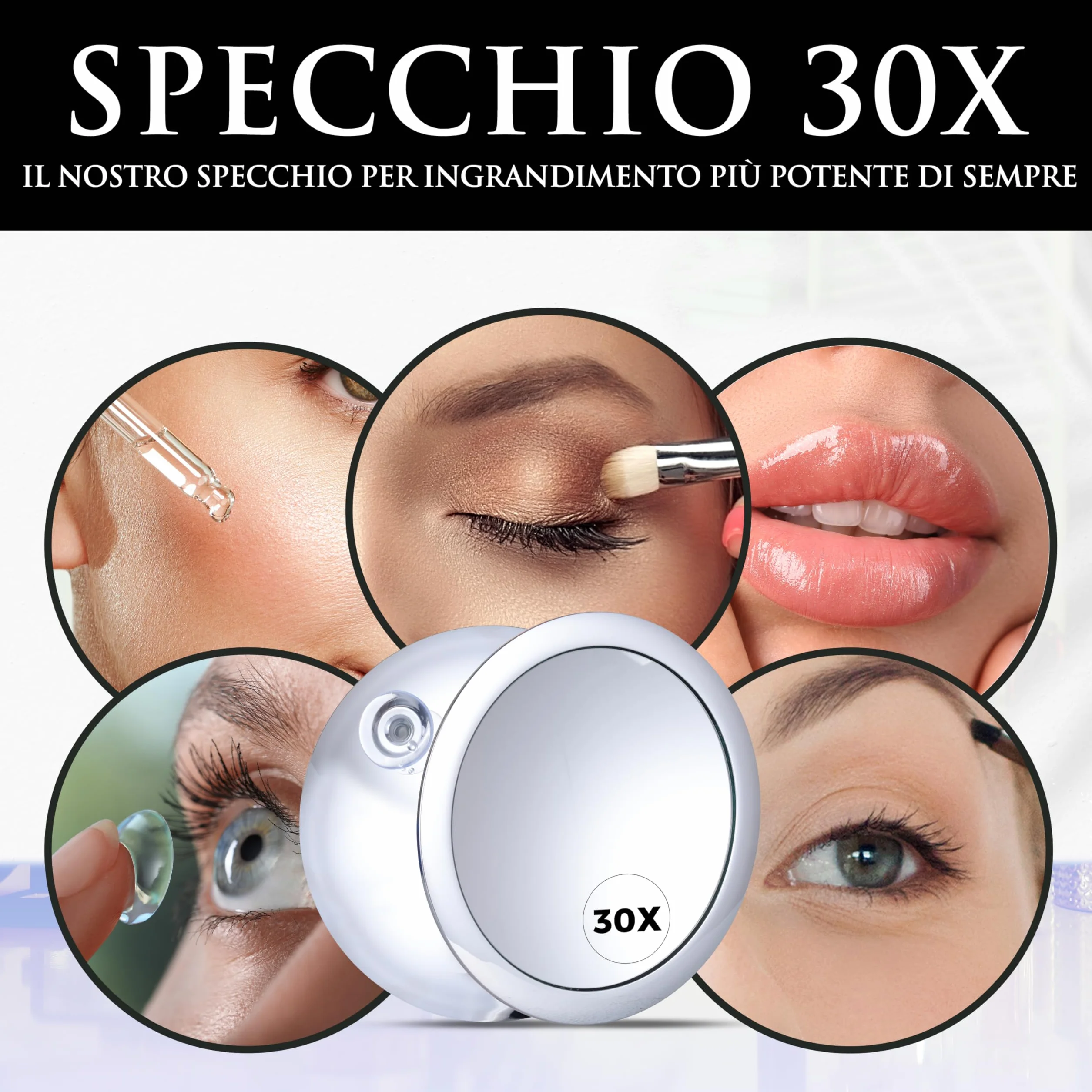 Mirrorvana Specchio ingranditore 30X per trucco 15 cm Cromo - portatile con tripla ventosa
