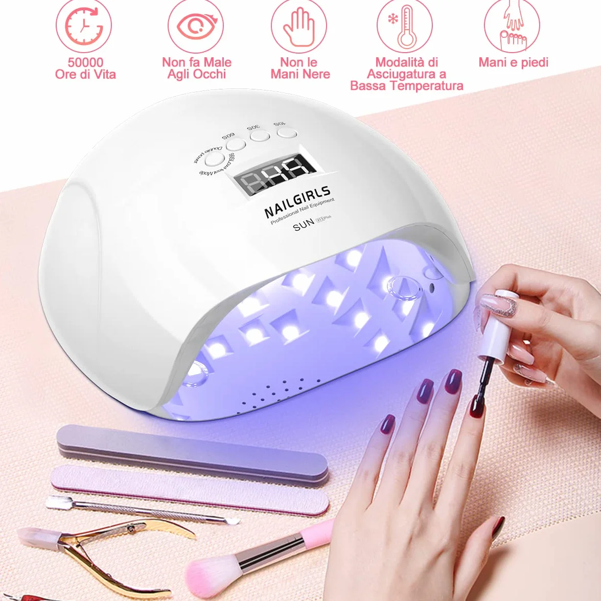 NAILGIRLS Lampada UV per Unghie 150W Portatile Asciuga Smalto LED 4 Modalità Timer Display LCD