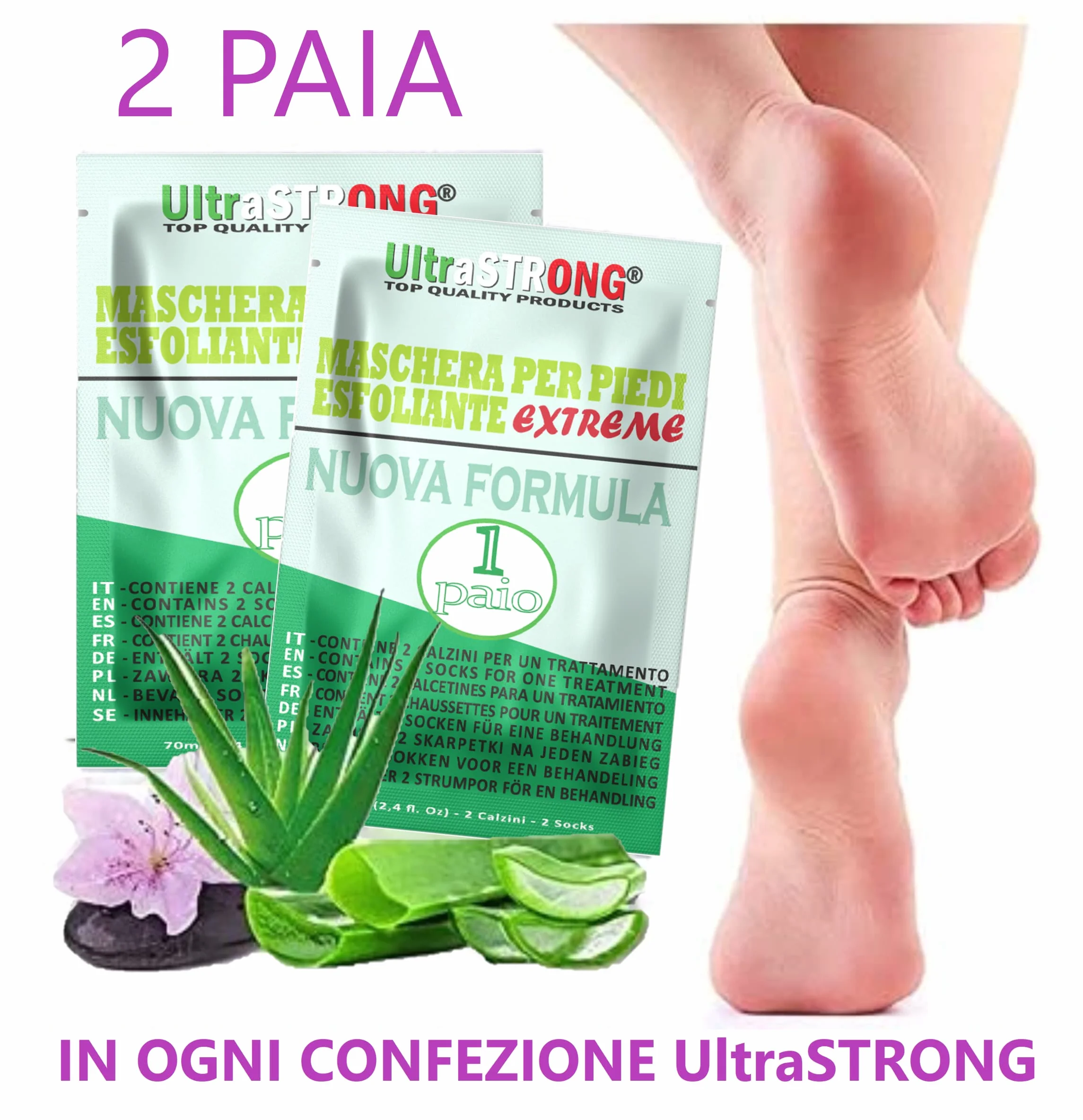Pedimask Maschera Piedi Esfoliante Idratante UltraSTRONG IT - Rimuovere Calli Pelle Morta - Pulizia Profonda - Dermatologicamente Testato (ALOE)
