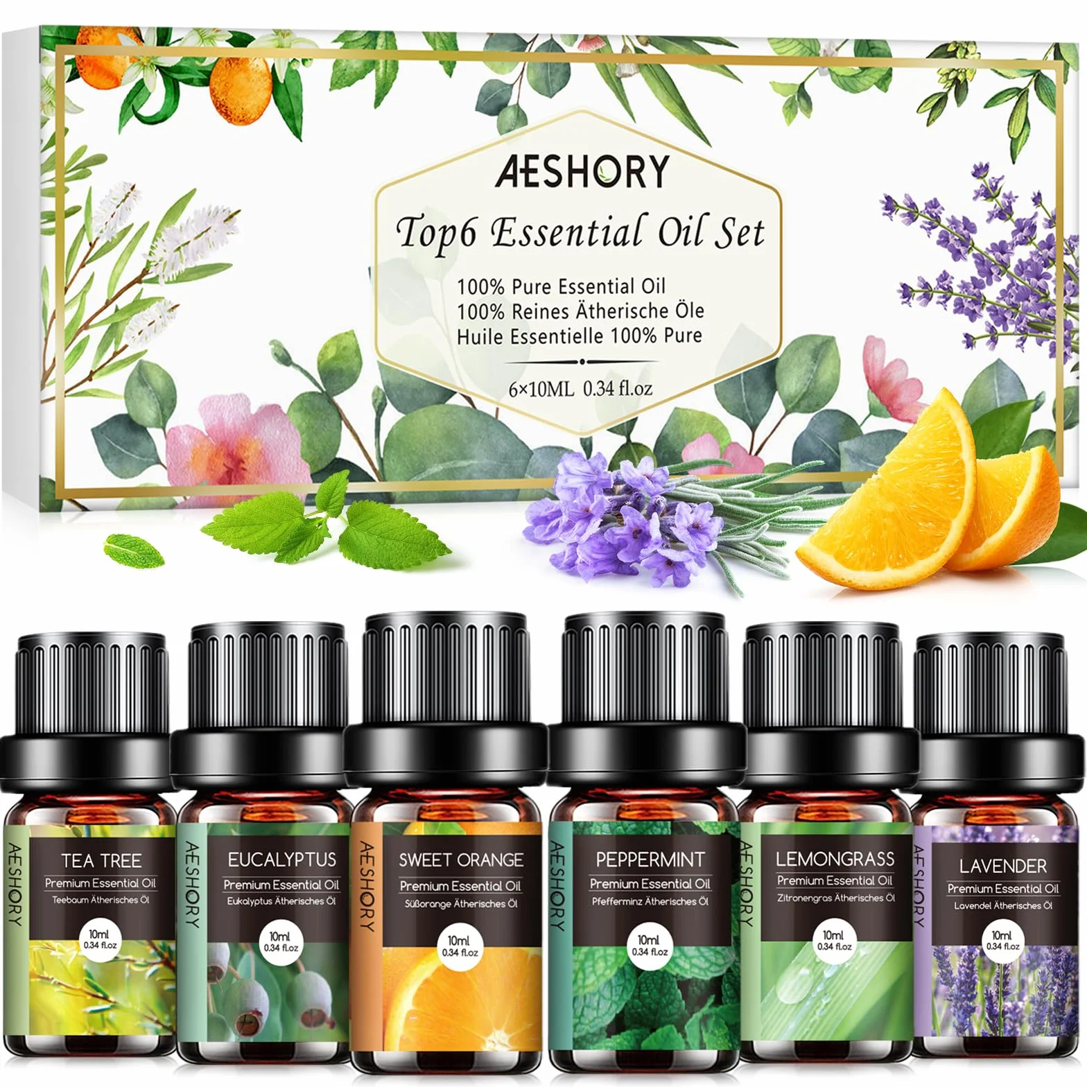 AESHORY Set Oli Essenziali 6x10ML Puri Naturali Aromaterapia Lavanda Tea Tree Menta Piperita Eucalipto Arancia Dolce