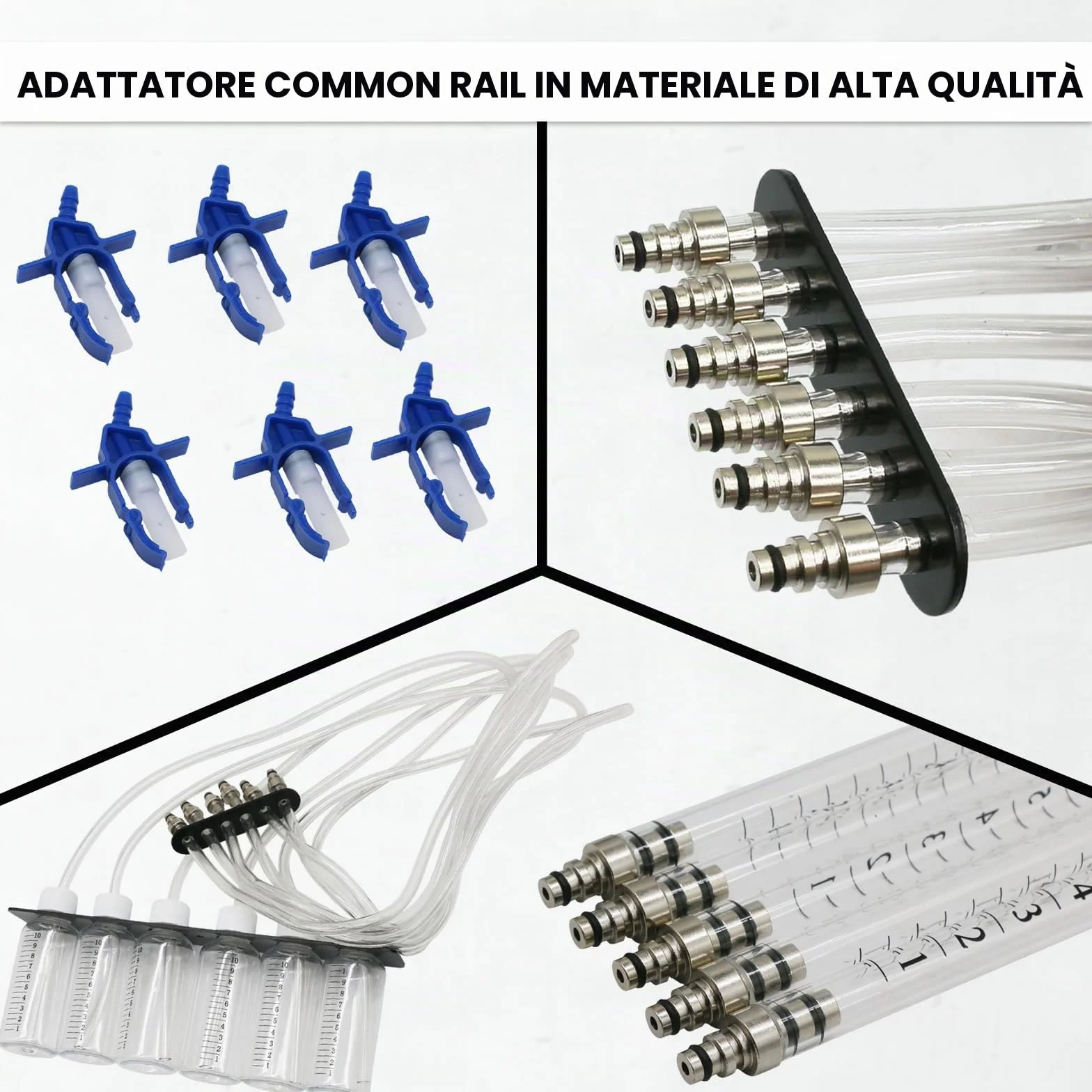 Kit di Test Perdite Diesel Common Rail con Flussometro Iniettori 6 Cilindri 24 Adattatori