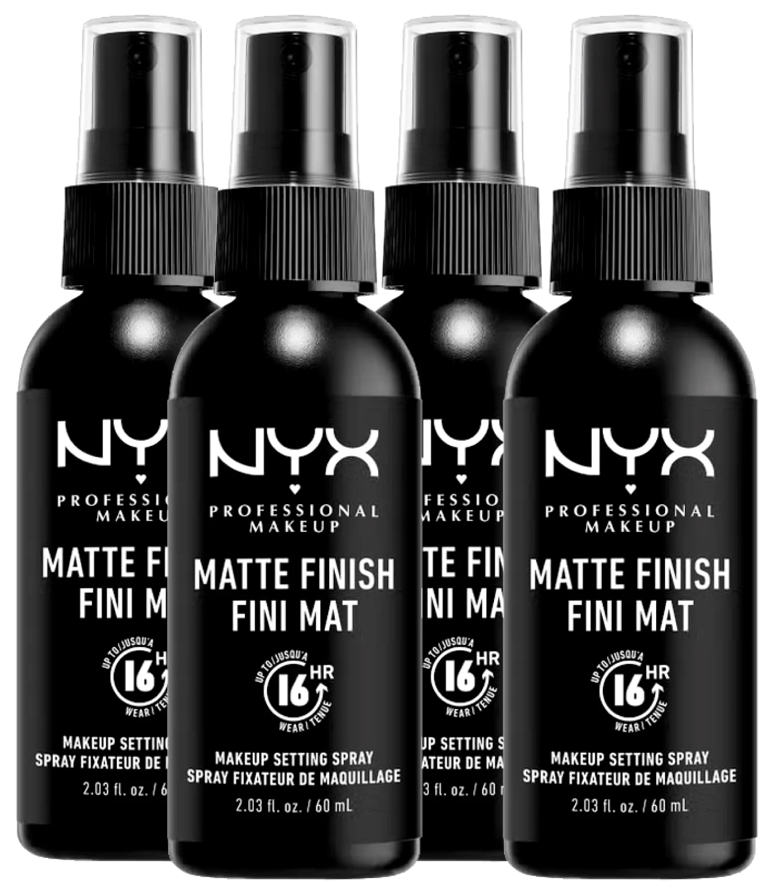 NYX Professional Makeup Spray Fissante Makeup Matte Finish Formula Leggera Vegana No Transfer a Lunga Tenuta 16h Versatile per Tutti i Tipi di Pelle - 4 Flaconi da 60ml