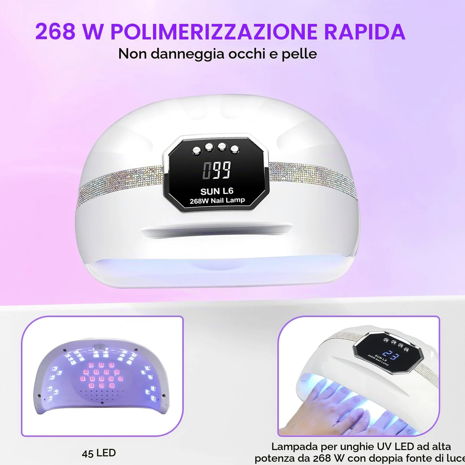 Lampada UV LED Unghie,268W Lampada per Unghie Con 4 Timer e Sensore Automatico,Professionale Fornetto Unghie con 45 LED,Lampada Asciuga Smalto Semipermanente Per Manicure/Pedicure