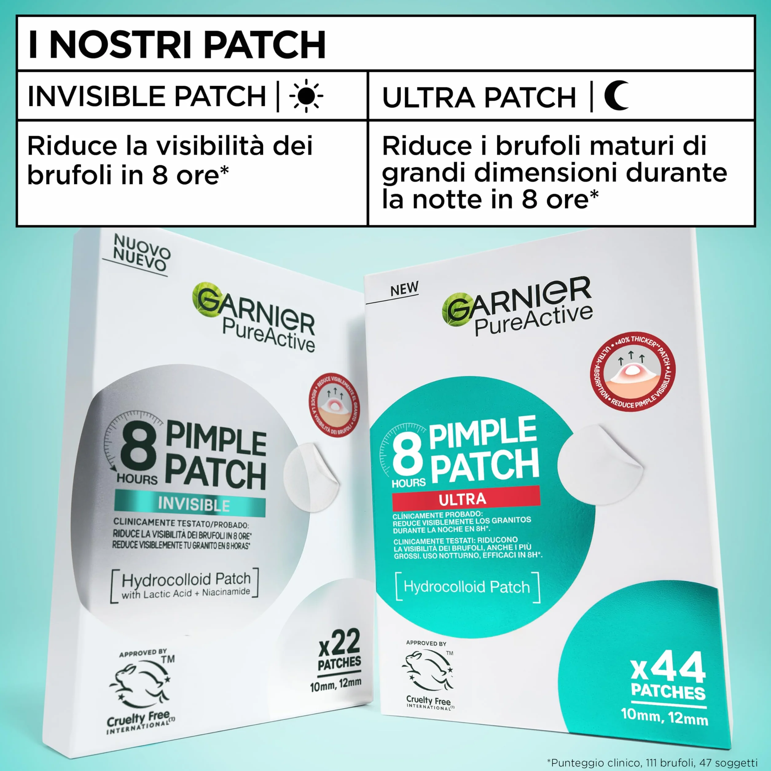 Garnier Pimple Patch Cerotti Idrocolloidali Invisibili Viso, Imperfezioni Ridotte in 8 Ore, Brufoli Visibilmente più Piatti, Adatti a Tutte le Tonalità di Pelle, Vegano, Pure Active, 44 Patch