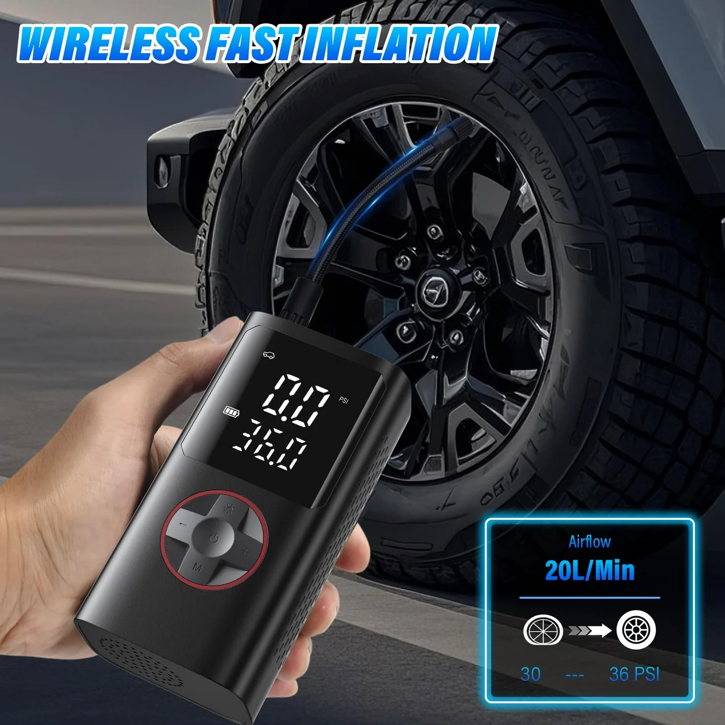Onherm Compressore Aria Portatile 10.3 Bar/150PSI Pompa Elettrica Bicicletta 5 Modalità Mini con Luce LED