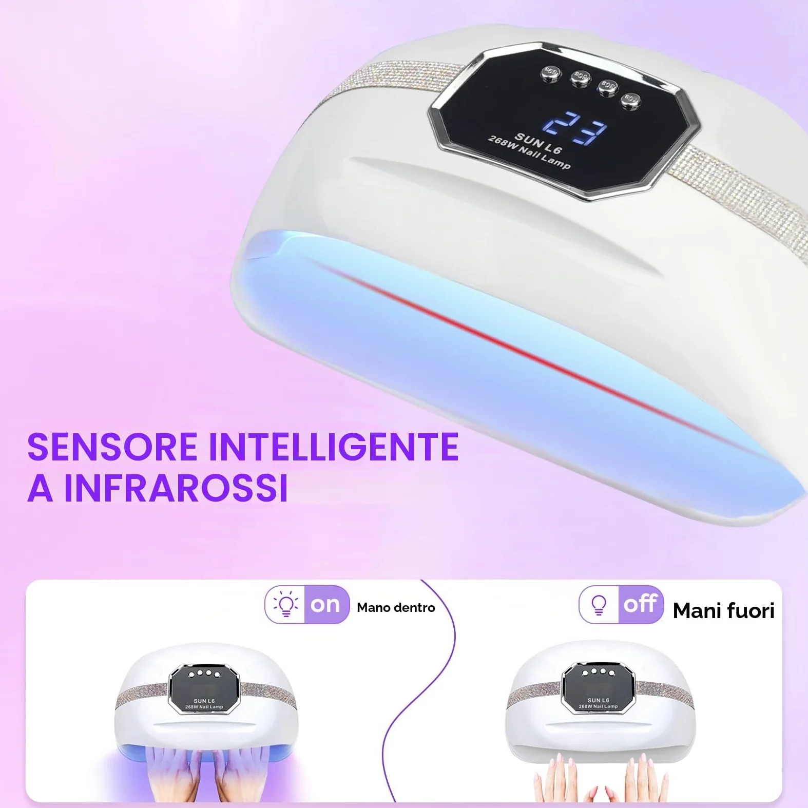 Lampada UV LED Unghie,268W Lampada per Unghie Con 4 Timer e Sensore Automatico,Professionale Fornetto Unghie con 45 LED,Lampada Asciuga Smalto Semipermanente Per Manicure/Pedicure