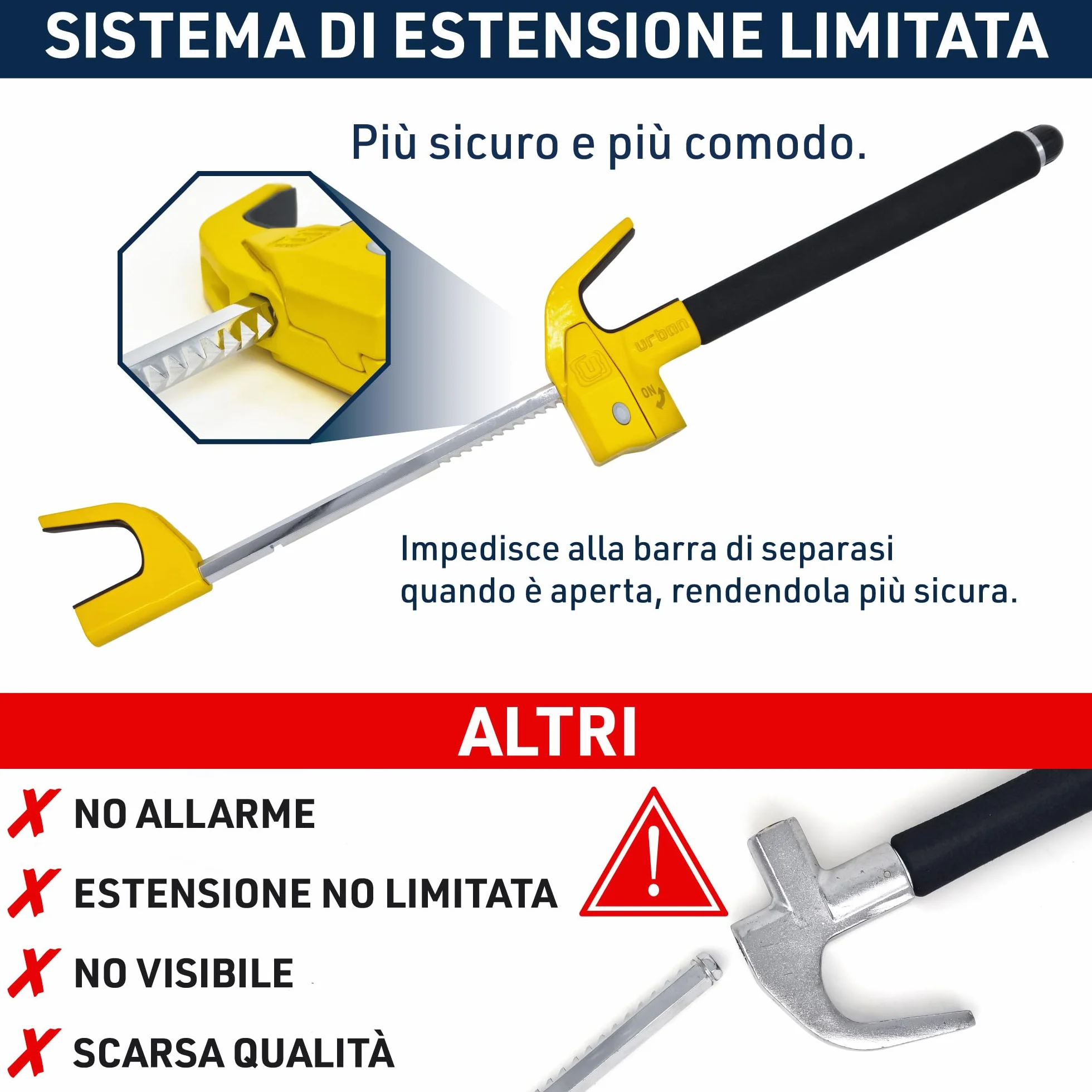 URBAN UR978Y Antifurto Auto Doppia Sicurezza Blocca Sterzo 120dB LED Bloccaggio Automatico Blocco Volante Meccanico Universale
