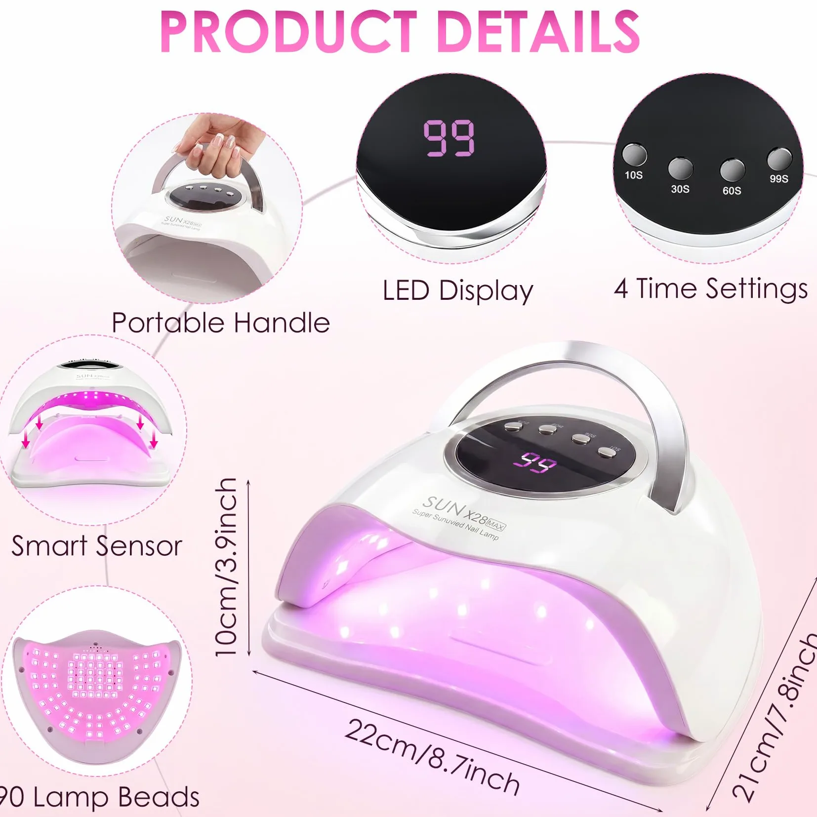 380W Lampada UV LED Unghie, 90 LED Integrati, 4 Timer, Display Digitale
