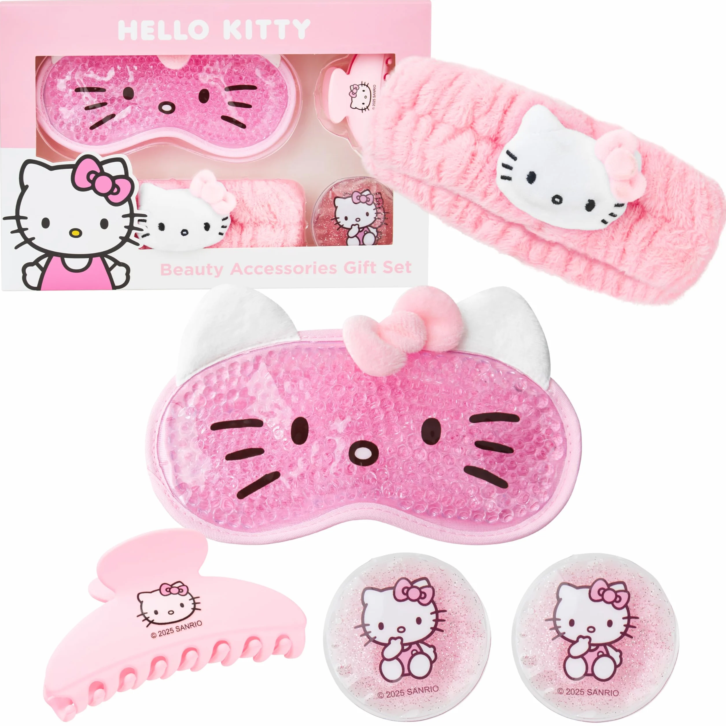 Hello Kitty Sanrio Maschera Occhi Gel Freddo Set Beauty Accessori, Kawaii Fermagli Capelli Fascia Capelli, Coccole Anime Regalo Donna Adolescenti (Rosa Hello Kitty)