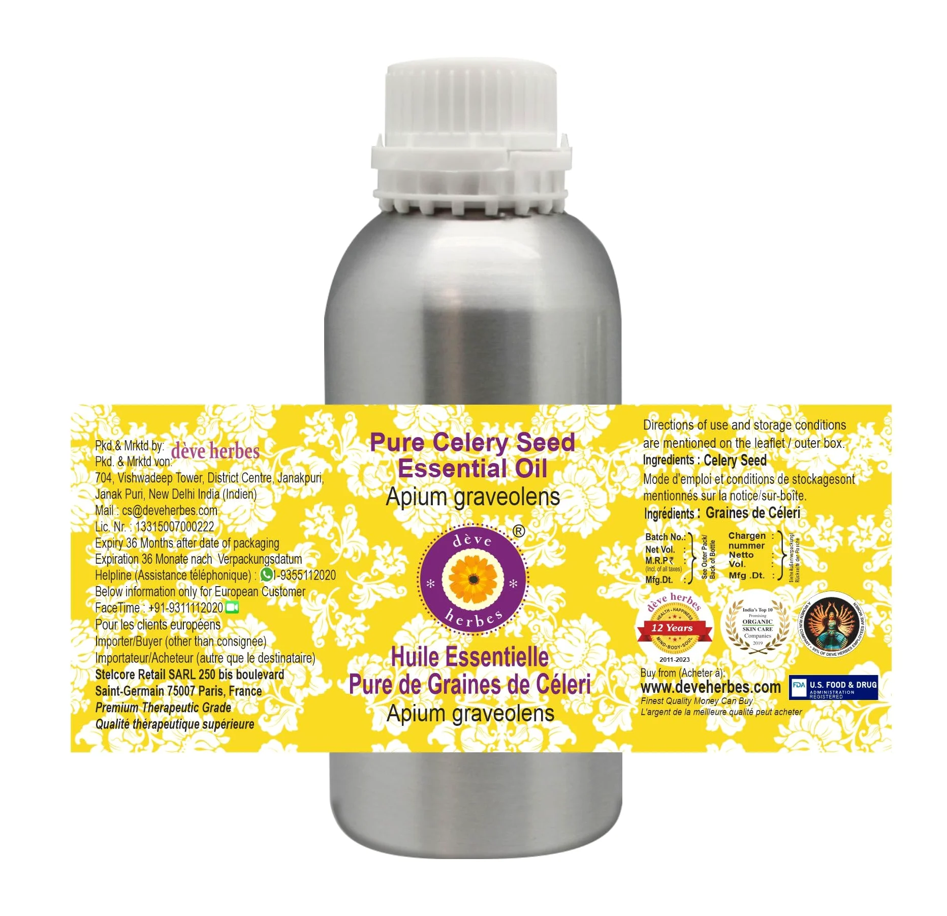 dève herbes Olio essenziale di semi di sedano puro di (Apium graveolens) distillato a vapore di grado terapeutico naturale al 100% 630ml (21.3 oz)