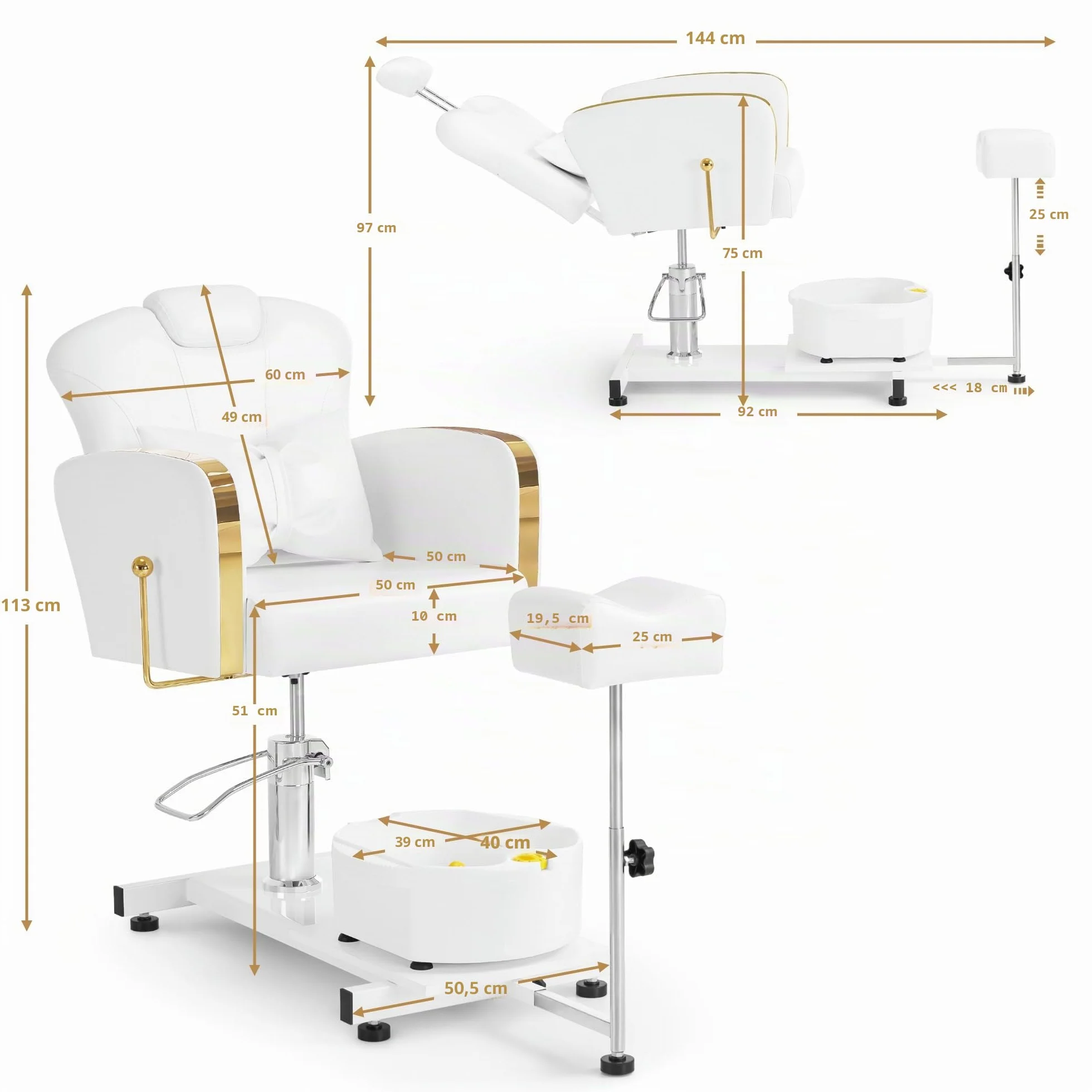 Barberpub Sedia da pedicure con vasca e sgabello, sedia da parrucchiere regolabile e inclinabile, per salone unghie retro F0371 (Oro-Bianco)