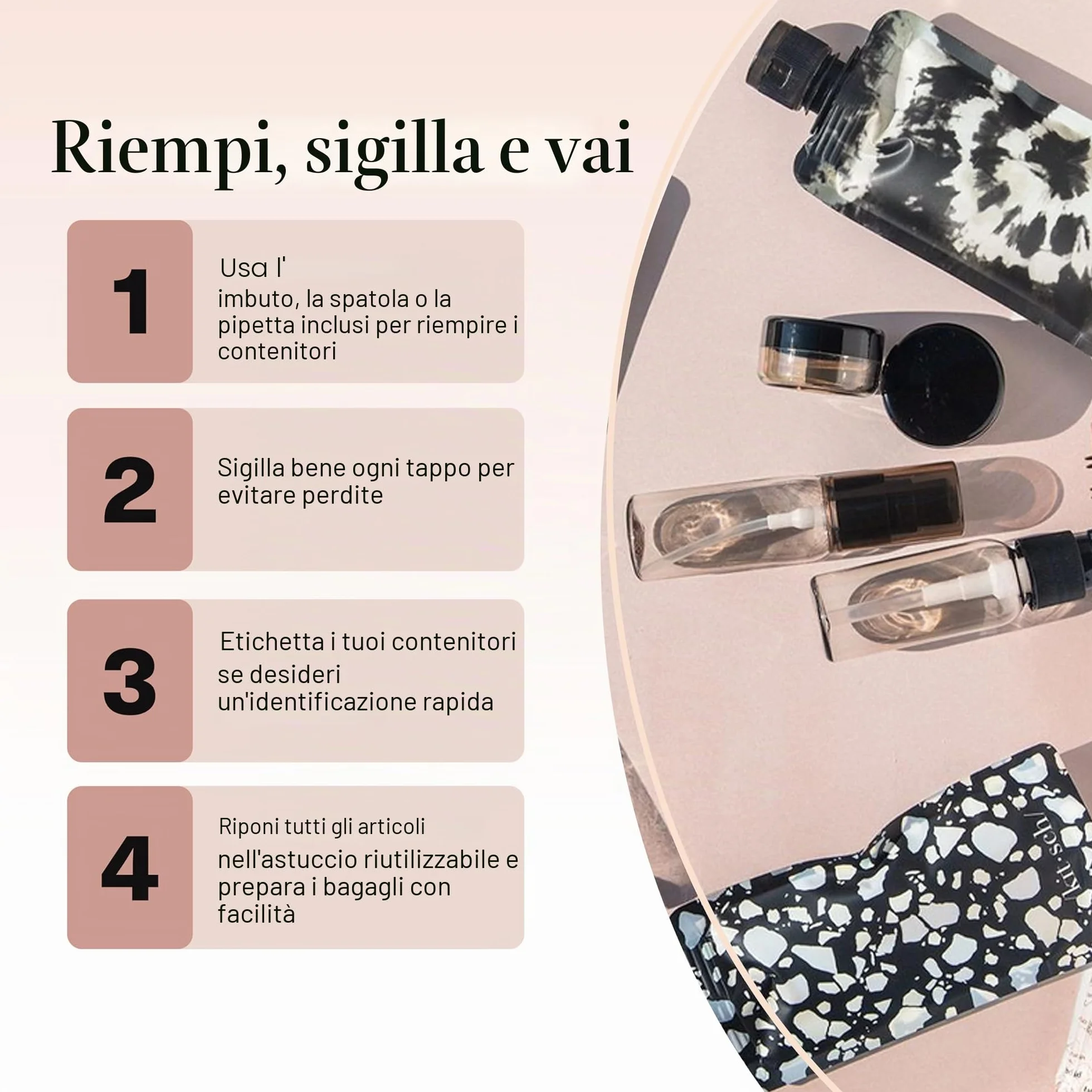 Kitsch Set da Viaggio 11 Pezzi per Toiletries – Kit Essenziale per Shampoo, Balsamo, Lozione e Altro, Contenitori Ricaricabili da Viaggio a Prova di Perdite – Nero & Avorio
