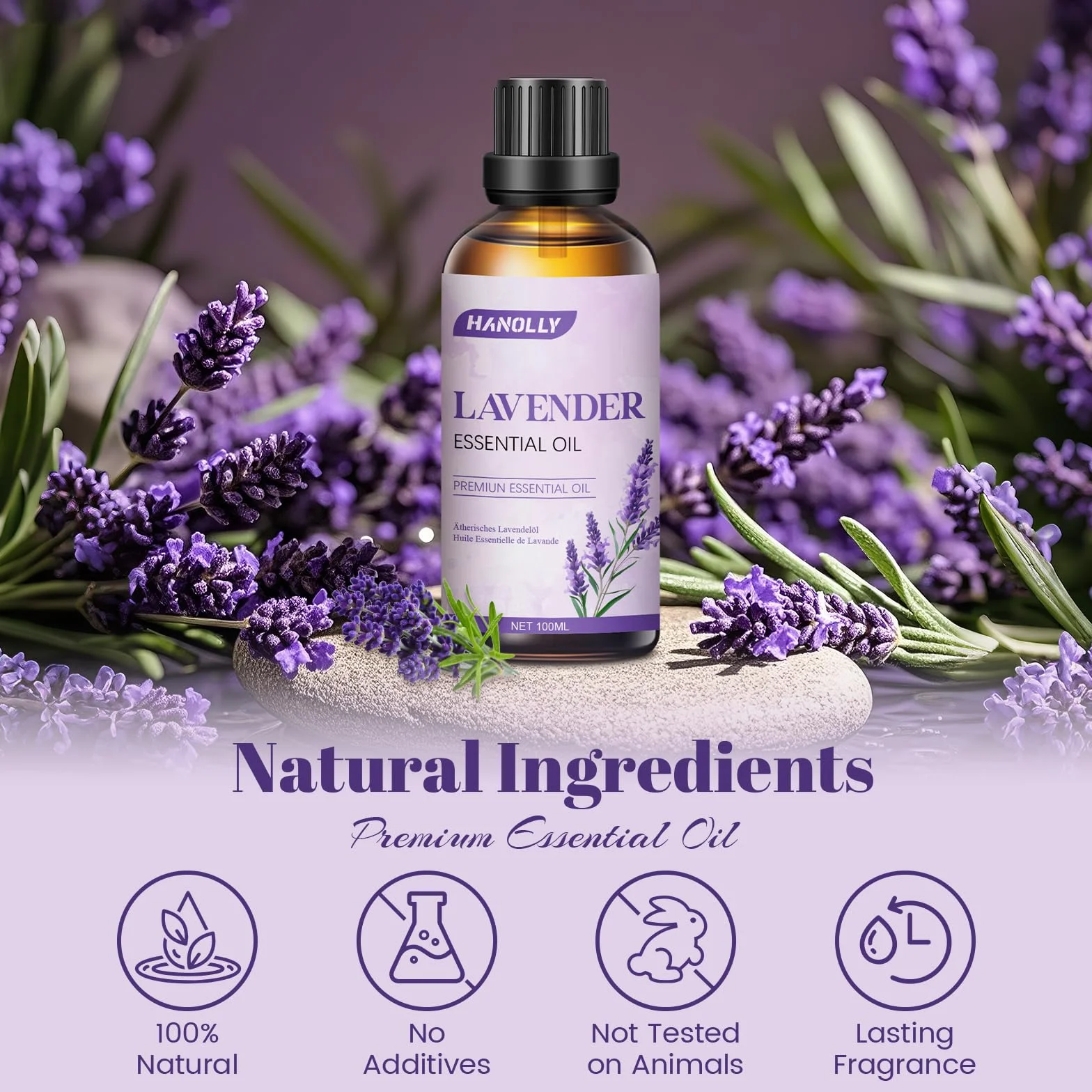 HANOLLY Olio Essenziale Lavanda 100ml per Diffusori Aromaterapia Massaggio Corpo