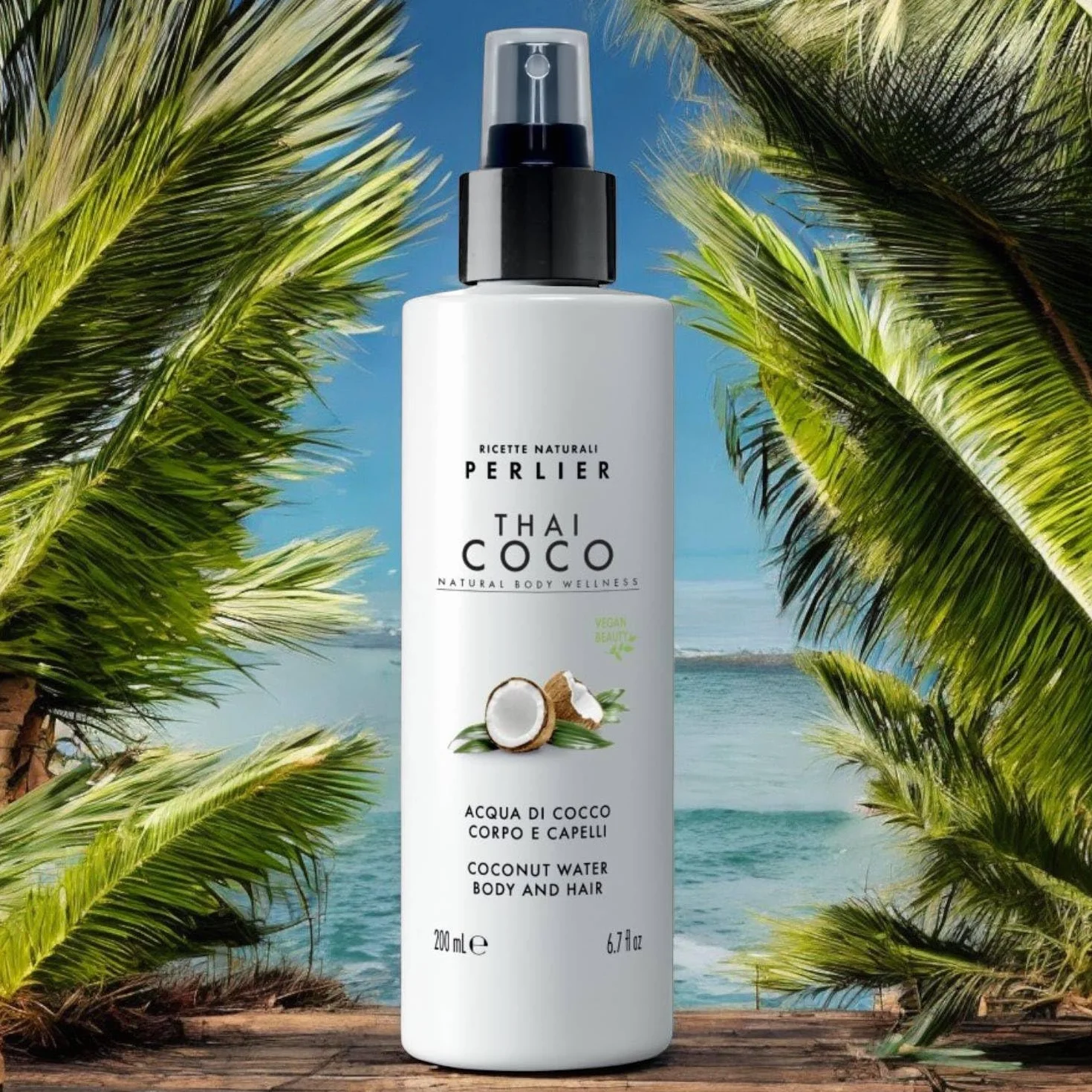 Perlier, Acqua Corpo e Capelli Thai Coco, Idrata e Profuma con la Freschezza dell’Acqua di Cocco, Senza Alcool e Ideale Anche al Sole, un sogno Tropicale per Pelle e Capelli, 200 ml