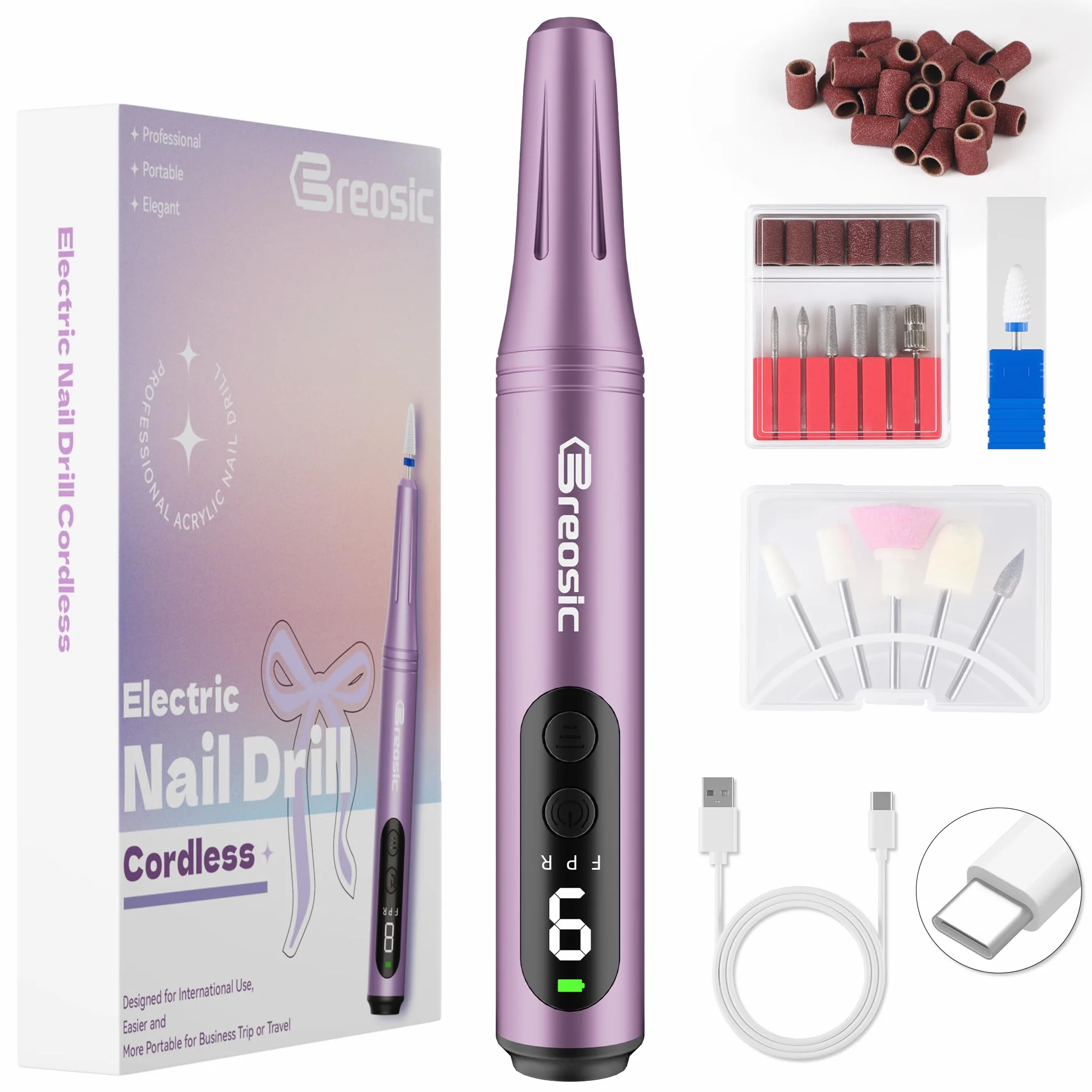 Fresa per Unghie Professionale 35000 Giri Lima Elettrica con Schermo LED 12 in 1 Trapano per Unghie Senza Fili Velocità Regolabile (Viola)