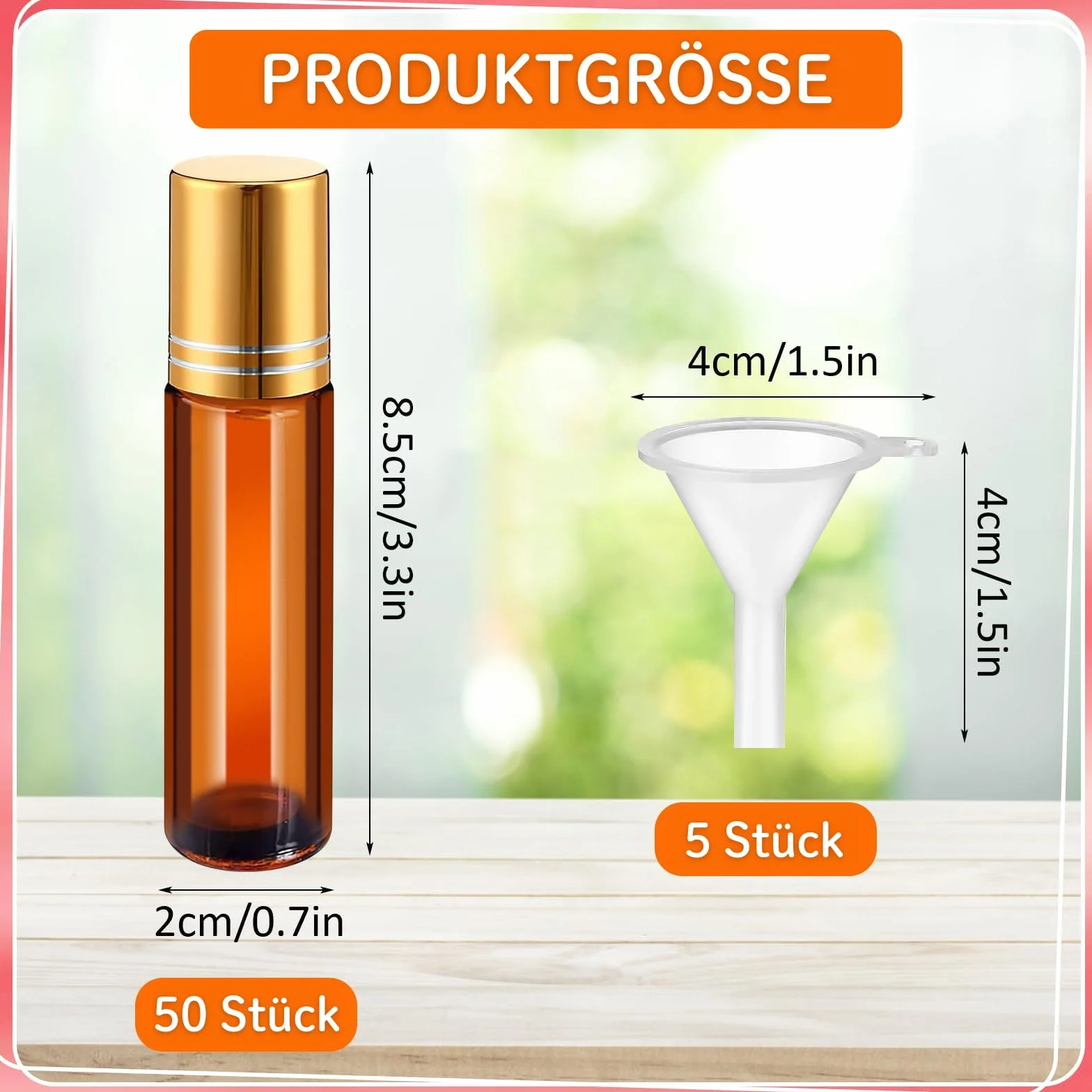 50 bottiglie Roll-On da 10 ml, in vetro ambra, ricaricabili, con sfera in acciaio inox, per oli essenziali, profumi e cosmetici, inclusi 5 tramoggia