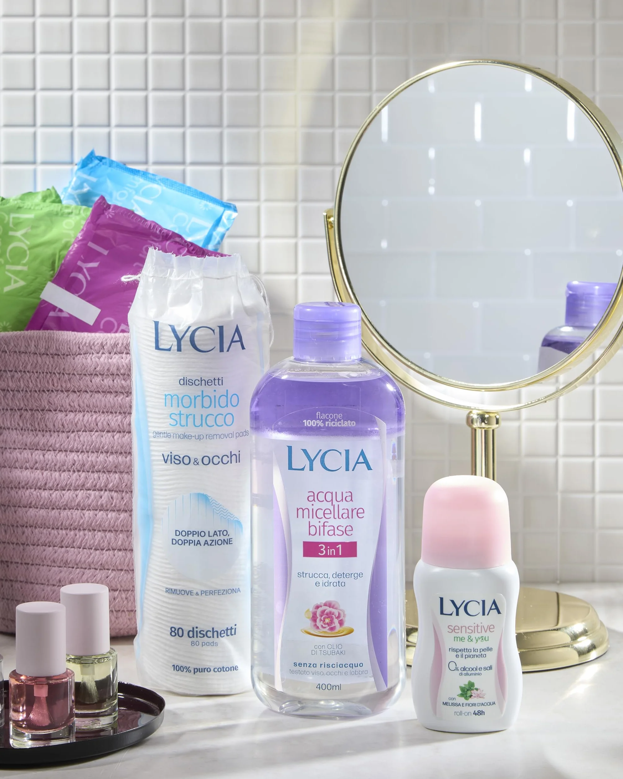 Lycia, Dischetti Struccanti Viso e Occhi, Tessuto Morbido in 100% Puro Cotone, Doppia Azione con Trame Diverse per Rimuovere il Trucco e Perfezionare la Detersione, Confezione 80 Dischetti
