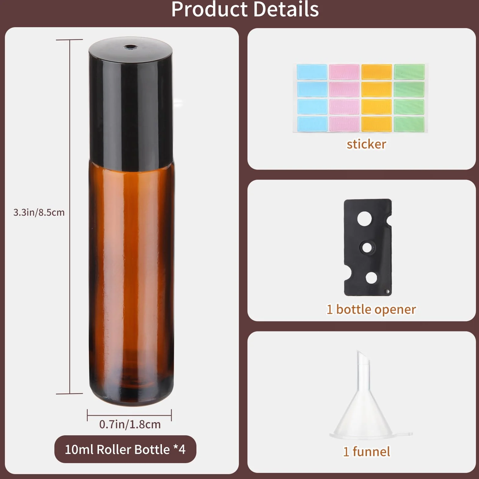Hyber&Cara 4Pcs 10ml Roll On Vuoto per Oli Essenziali Ambra Bottiglie Vuote in Vetro, Bottiglie Flaconcini Vuoti Per Oli Essenziali, Profumi, Liquidi(incluso 1 apribottiglie, adesivo e 1 imbuto)