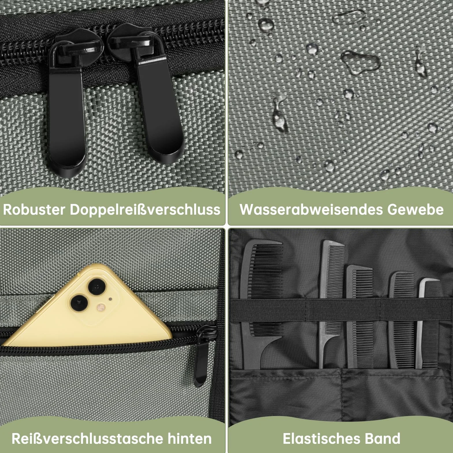 Borsa da parrucchiere professionale portatile, con tasche multiple e divisioni regolabili per accessori. Ideale per parrucchieri e visagisti.