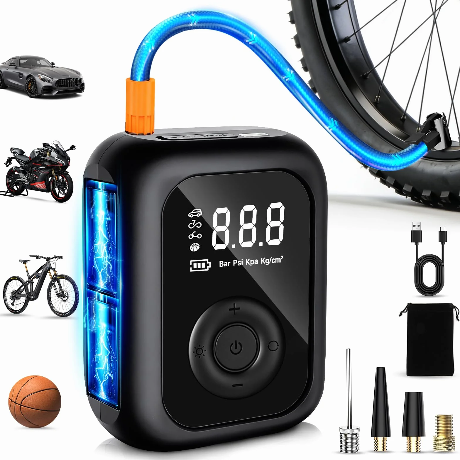 Compressore Aria Portatile 150PSI Pompa Elettrica Bicicletta Mini Schermo LED Digitale Illuminazione LED Auto Moto