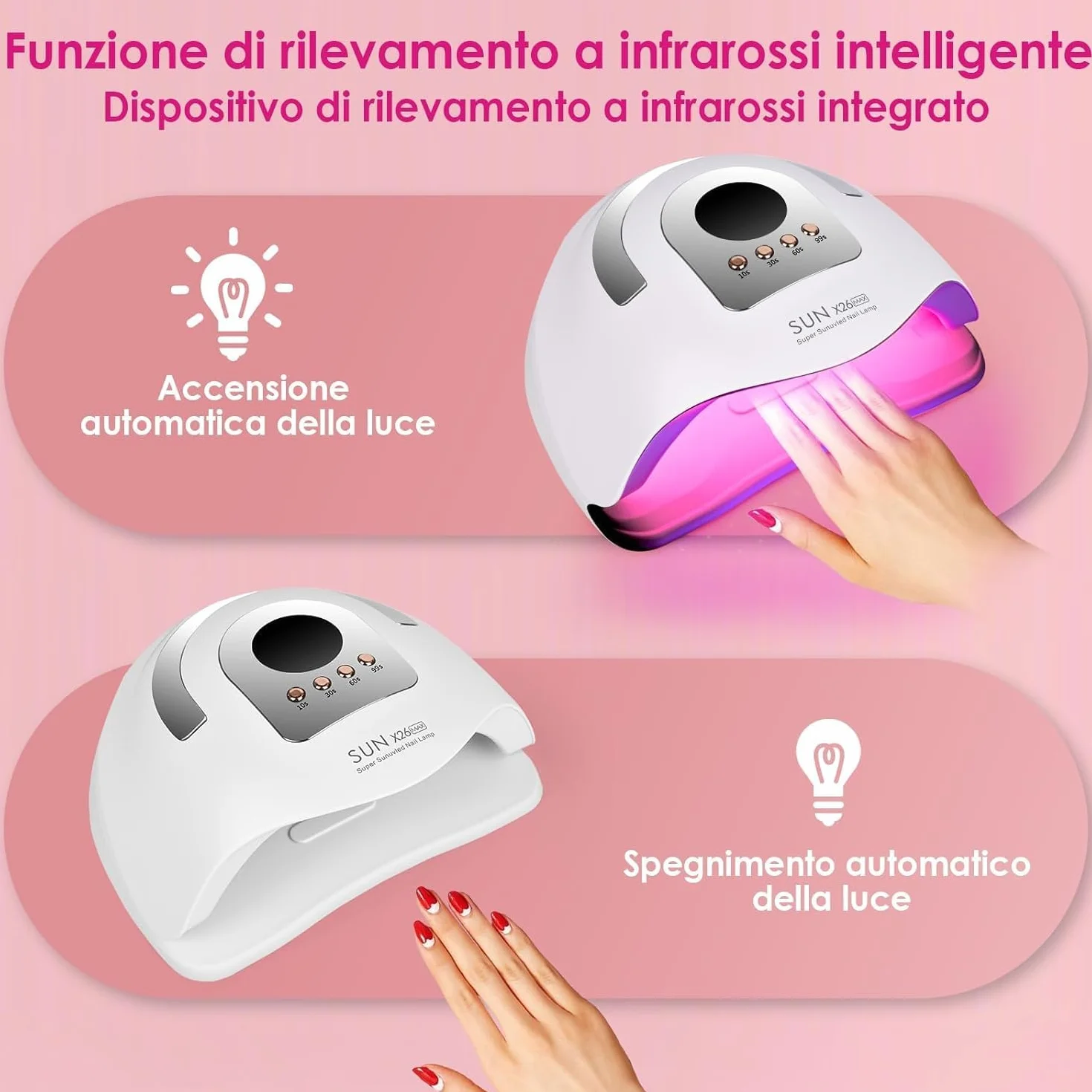 Lampada Unghie Professionale SUN X26 Max 380W – UV/LED 42 Doppie Perle, Asciugatura Rapida, 4 Timer, Sensore Smart – Per Gel, Semipermanente, Ricostruzione – Manicure & Pedicure