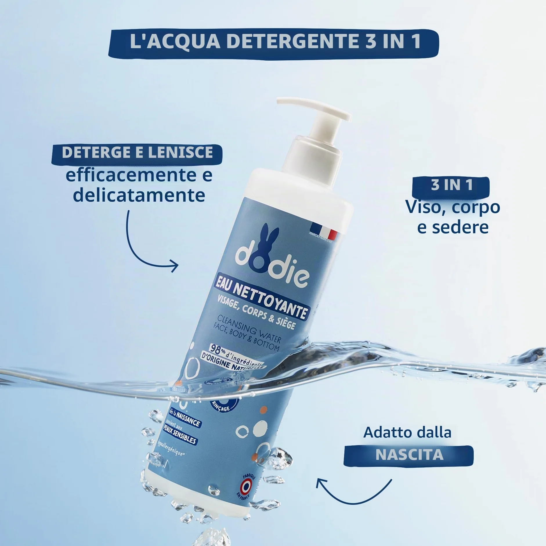 Dodie, Acqua Detergente 3 in 1 (500 Ml), Detergente Viso, Corpo e Zona Pannolino, 98% di Ingredienti di Origine Naturale, Ipoallergenico, dalla Nascita