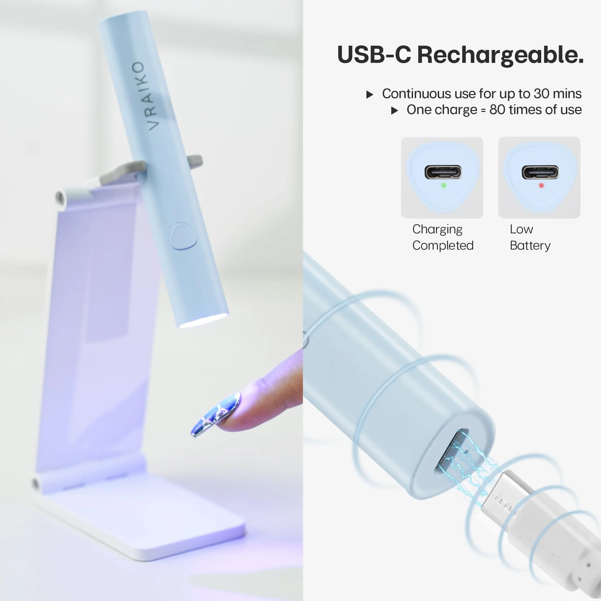 VRAIKO Minicicure, lampada UV portatile per unghie in gel, lampada UV portatile con supporto, mini lampada LED ricaricabile per asciugatura rapida (Blu)