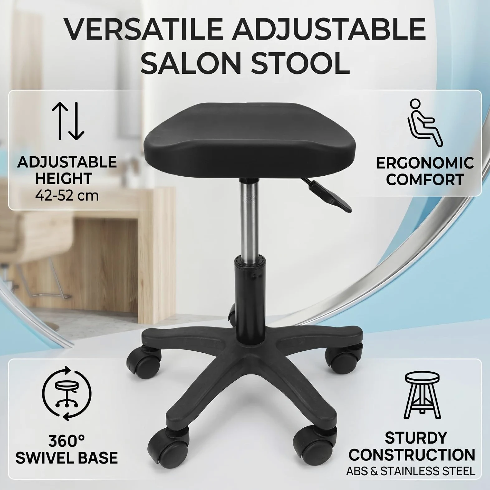 Brrnoo Sgabello per Pedicure con Rotelle Regolabile Sedia Girevole per Unghie a 360 Gradi Altezza 16,54-20,47 Pollici ABS in Acciaio Inossidabile per Uso Domestico in Salone