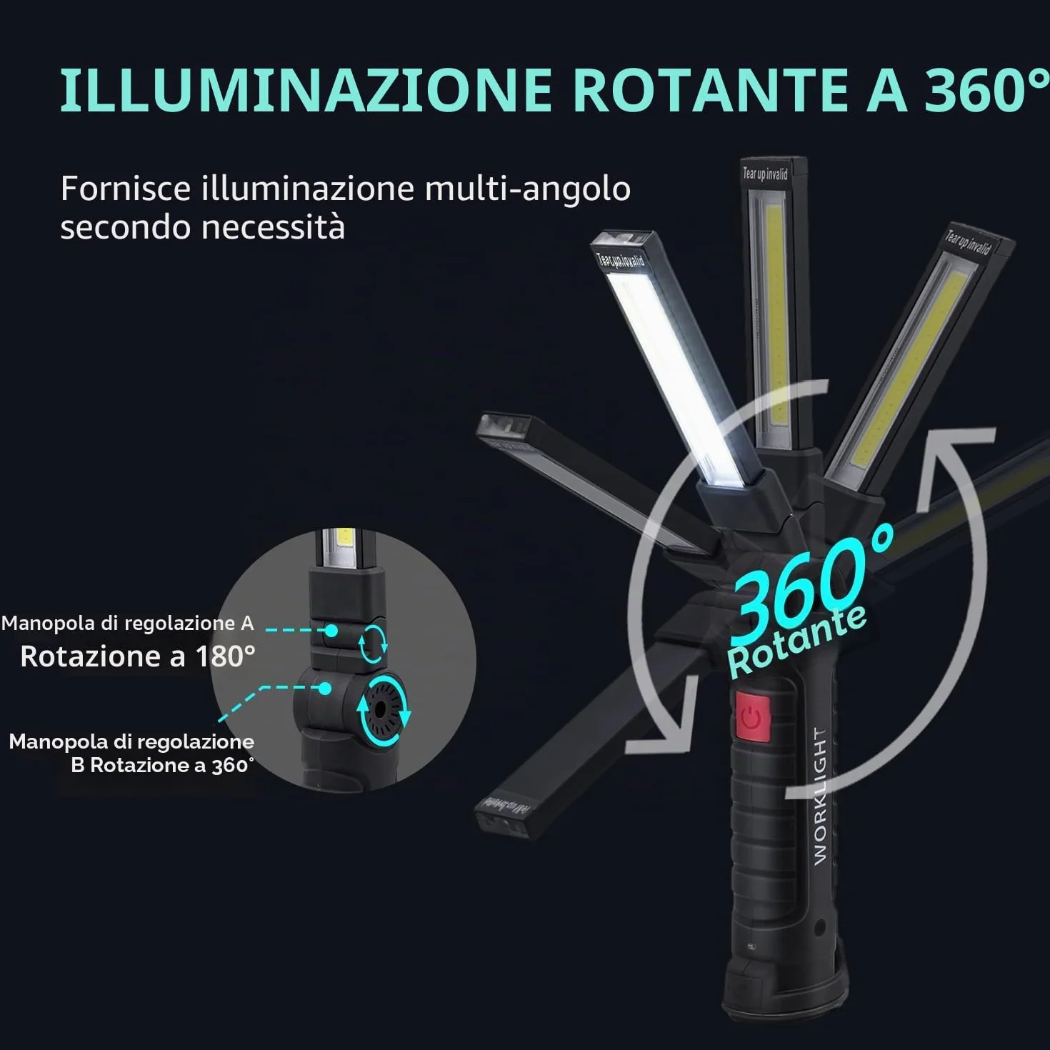 Torcia Magnetica Ricaricabile USB COB 5 Modalità Portatile con Gancio per Campeggio Esterna Autofficina