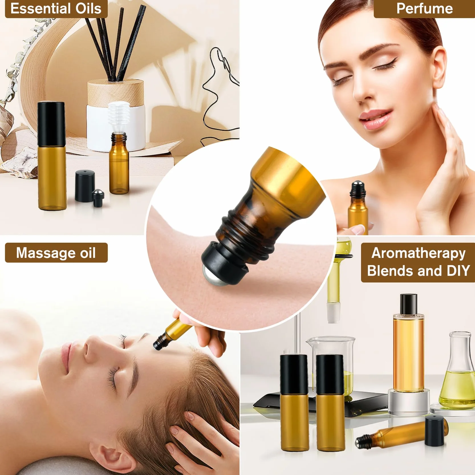 10 bottiglie di vetro Roll On per olio essenziale, 5 ml, mini bottiglie Amber Rollon, vuote con apertura, etichette e pipette, profumo, massaggi