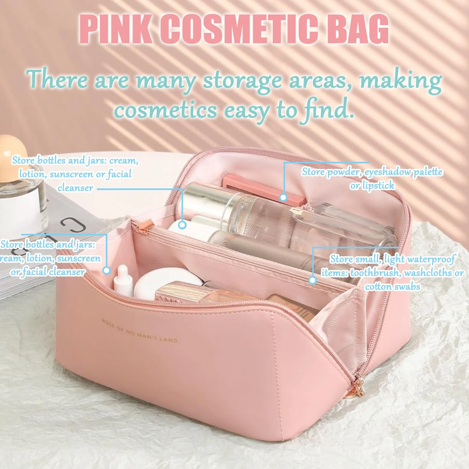 Borsa Cosmetica da Viaggio in Pelle PU, Trousse Trucchi Donna Impermeabile Portatile (Rosa)