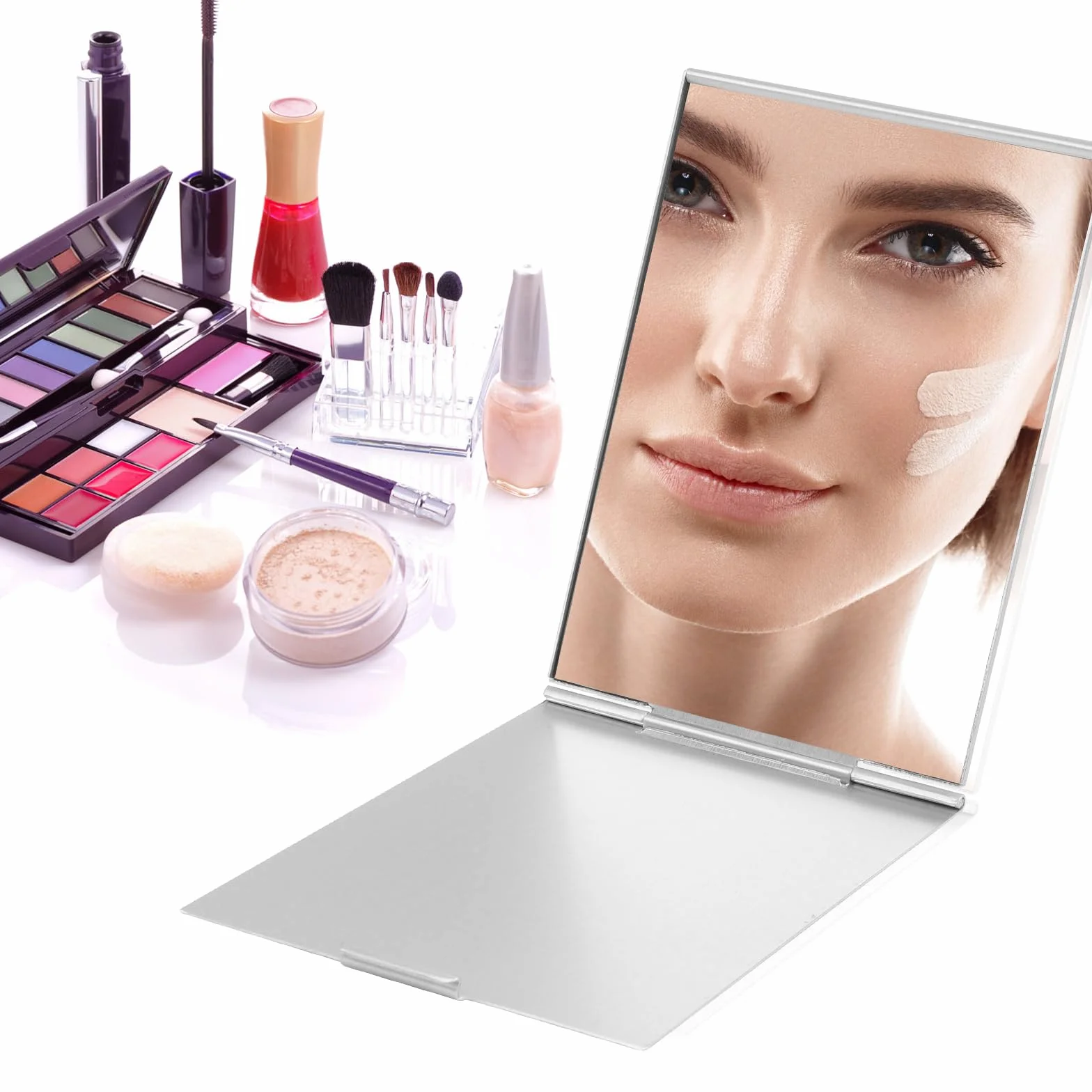 Specchio Portatile Pieghevole Super HD da Tavolo Trucco Viaggio Compatto Tascabile Argento