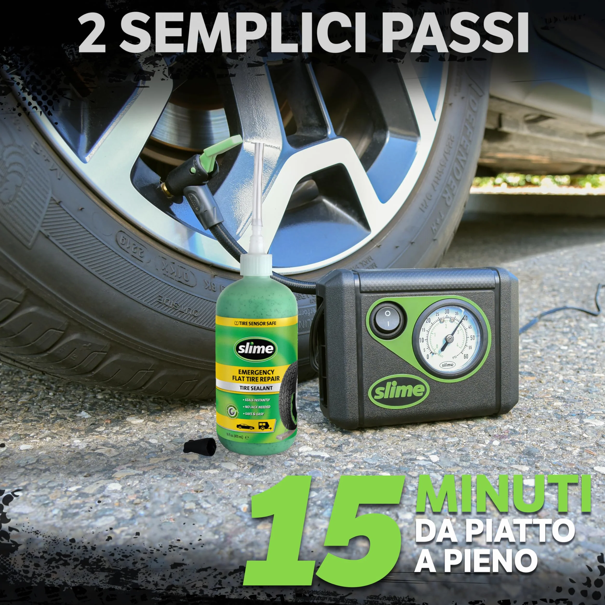 Slime CRK0305-In Flat Tyre Puncture Repair Kit with Sealant and Inflator Pump for Car Tyres