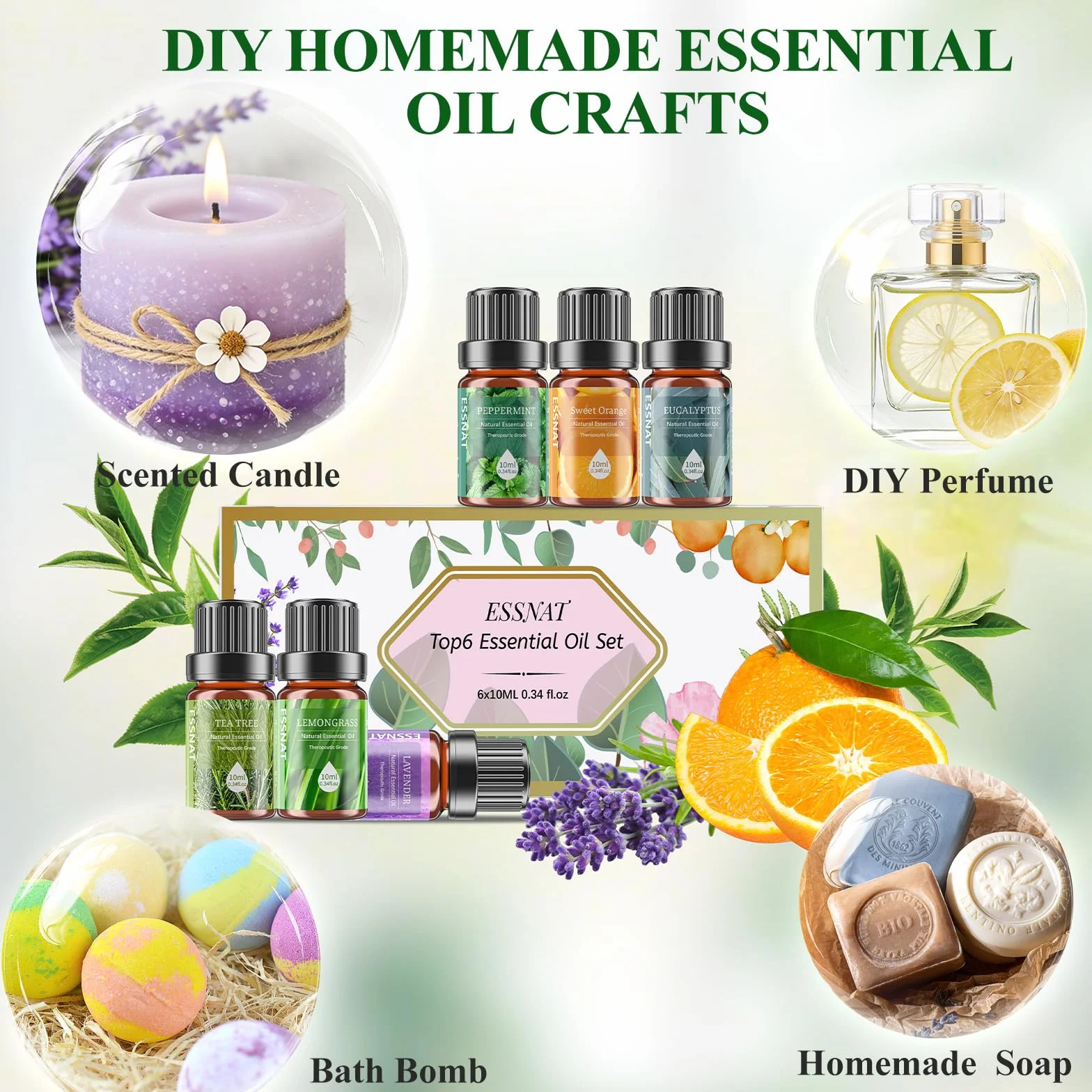 Oli Essenziali Set per Diffusore 6x10ML Aromaterapia Lavanda Menta Piperita Eucalipto Arancia Dolce Tea Tree Lemongrass