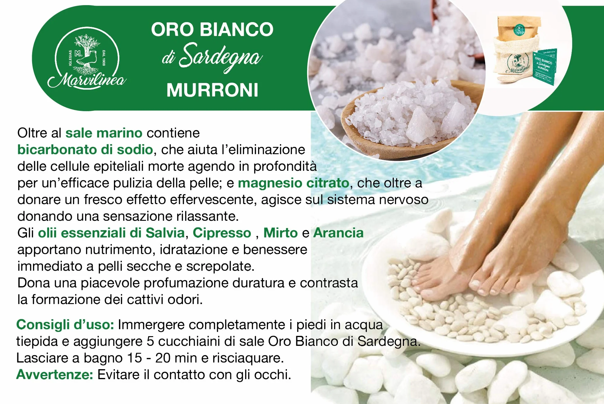 Sale pediluvio effervescente, linea ORO BIANCO di Sardegna Murroni