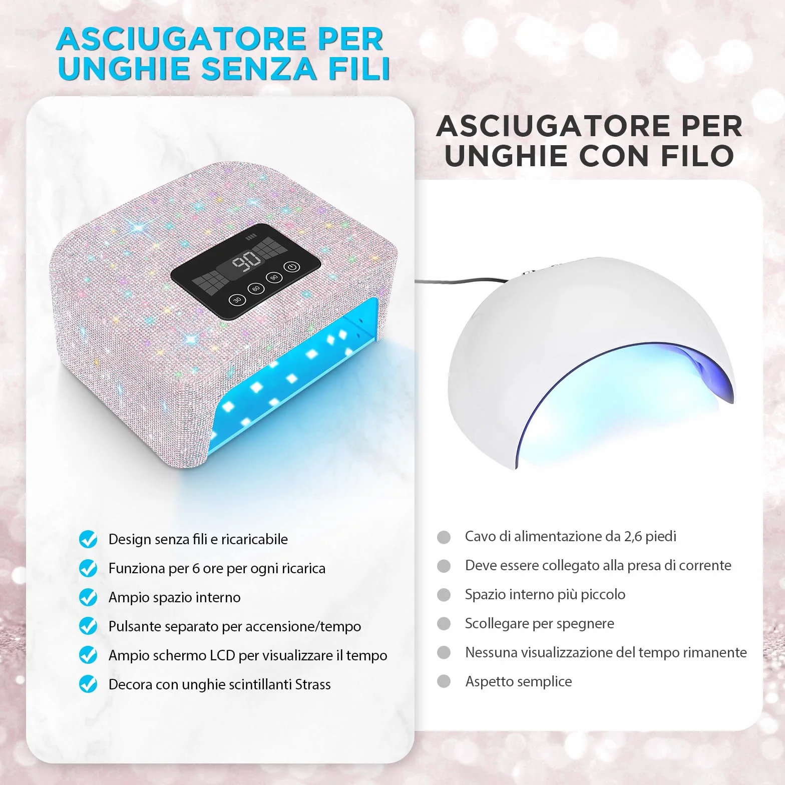 Lampada UV Ricaricabile Senza Fili per Unghie in Gel LED 4 Modalità Timer Strass Diamond per Unghie