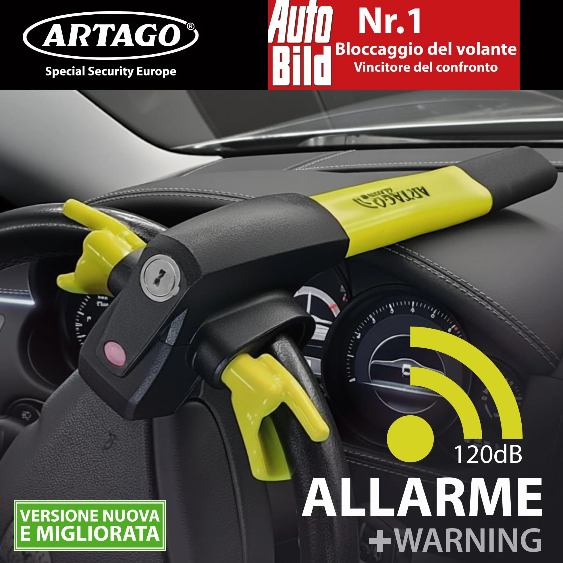 ARTAGO 870 Antifurto Auto Alta Gamma, Blocca Sterzo 2en1, Allarme Intelligente 120dB LED Notte, Bloccasterzo Meccanico Sonoro