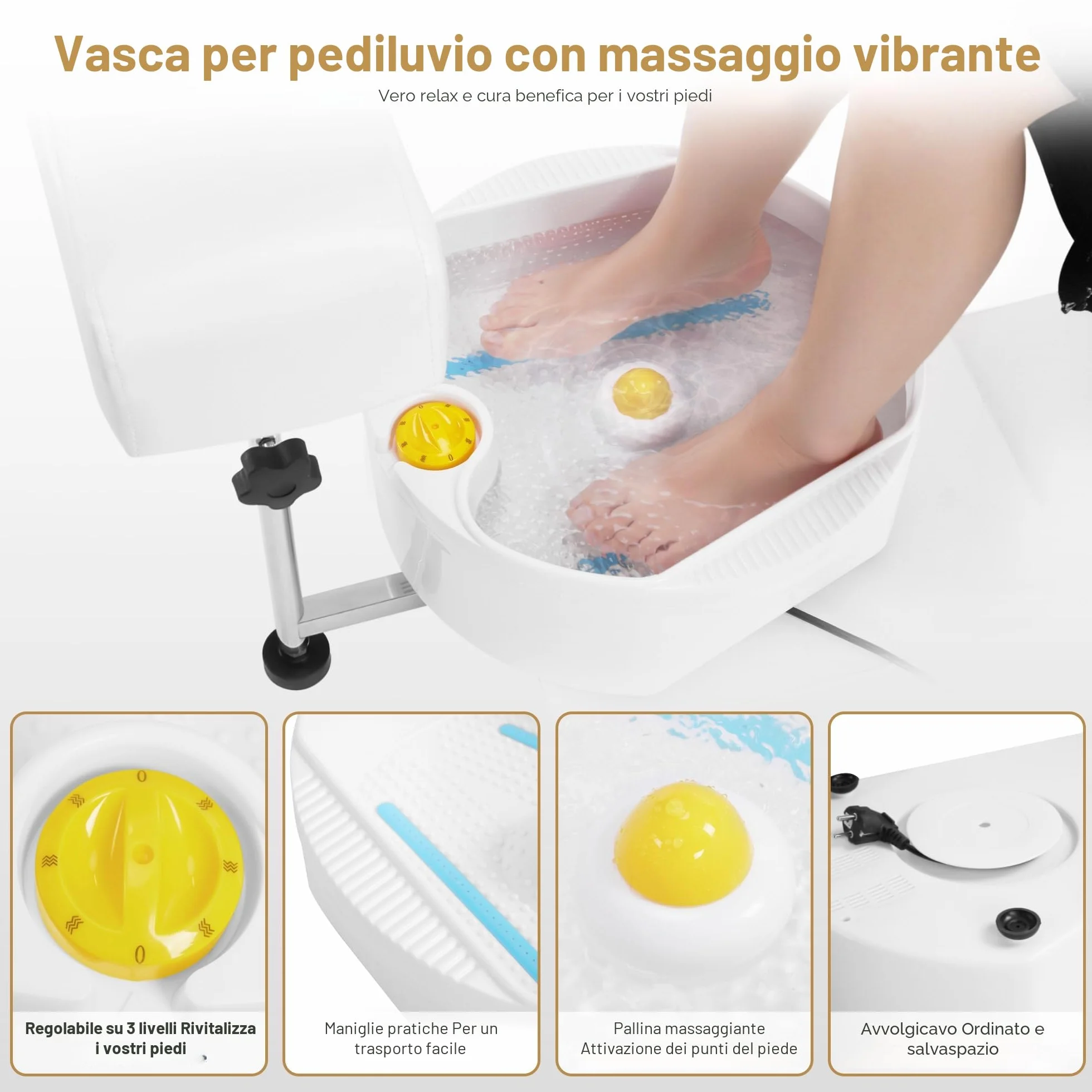Barberpub Sedia da pedicure con vasca e sgabello, sedia da parrucchiere regolabile e inclinabile, per salone unghie retro F0371 (Oro-Bianco)