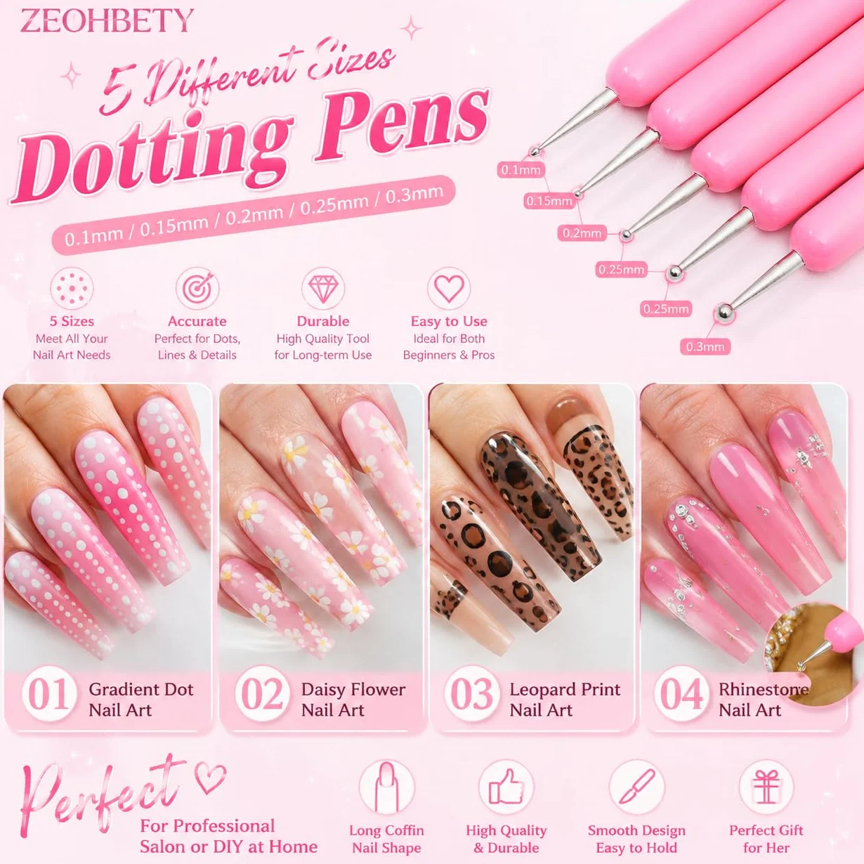 Pennelli per nail art, 5 pennelli per nail art, strumenti per punteggiare, set di pennelli per disegno artistico per linee lunghe, dettagli sottili, dimensioni 7/9/11/15/22 mm, rosa